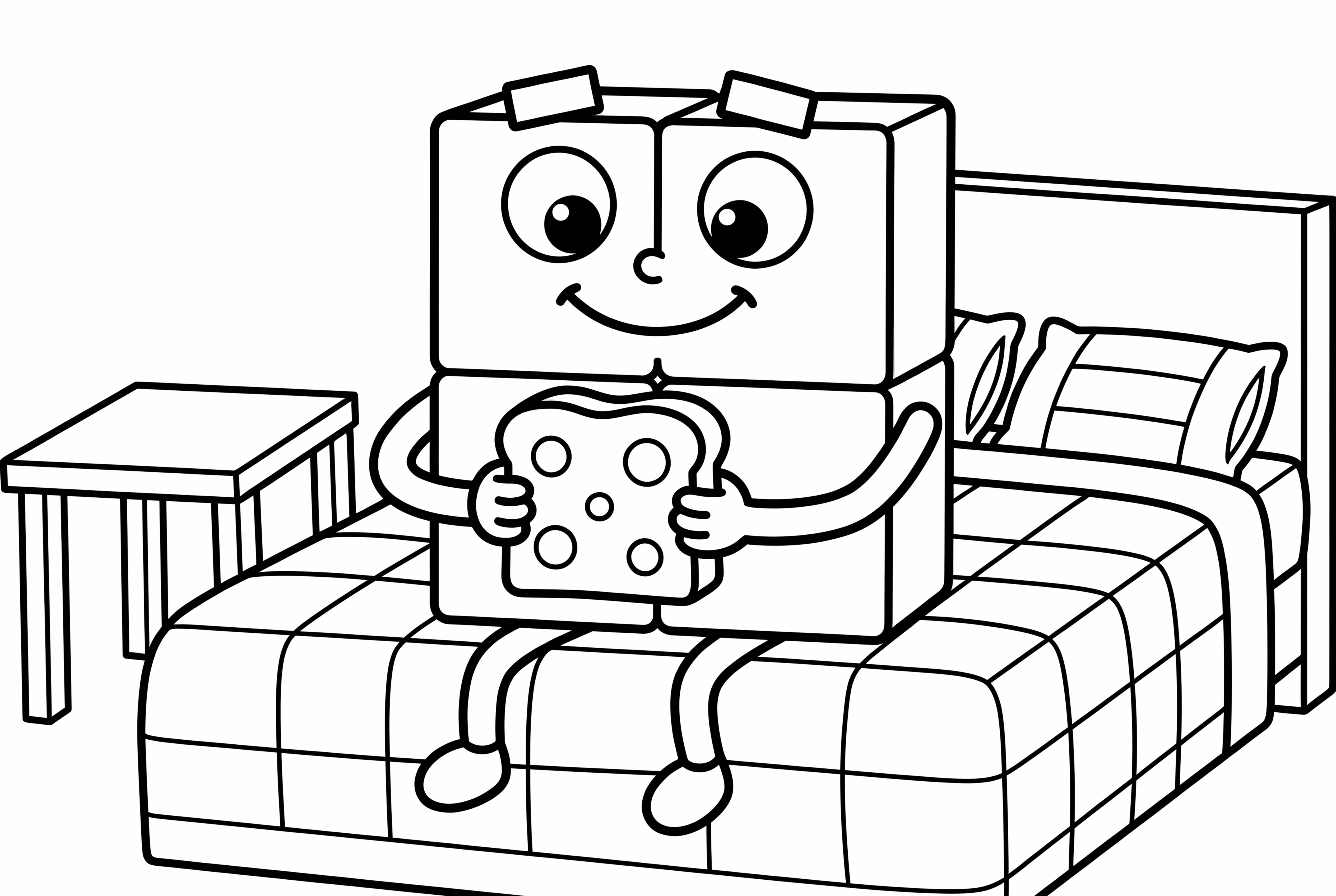 4 sitting on a square quilt bed, holding a square cheese bread