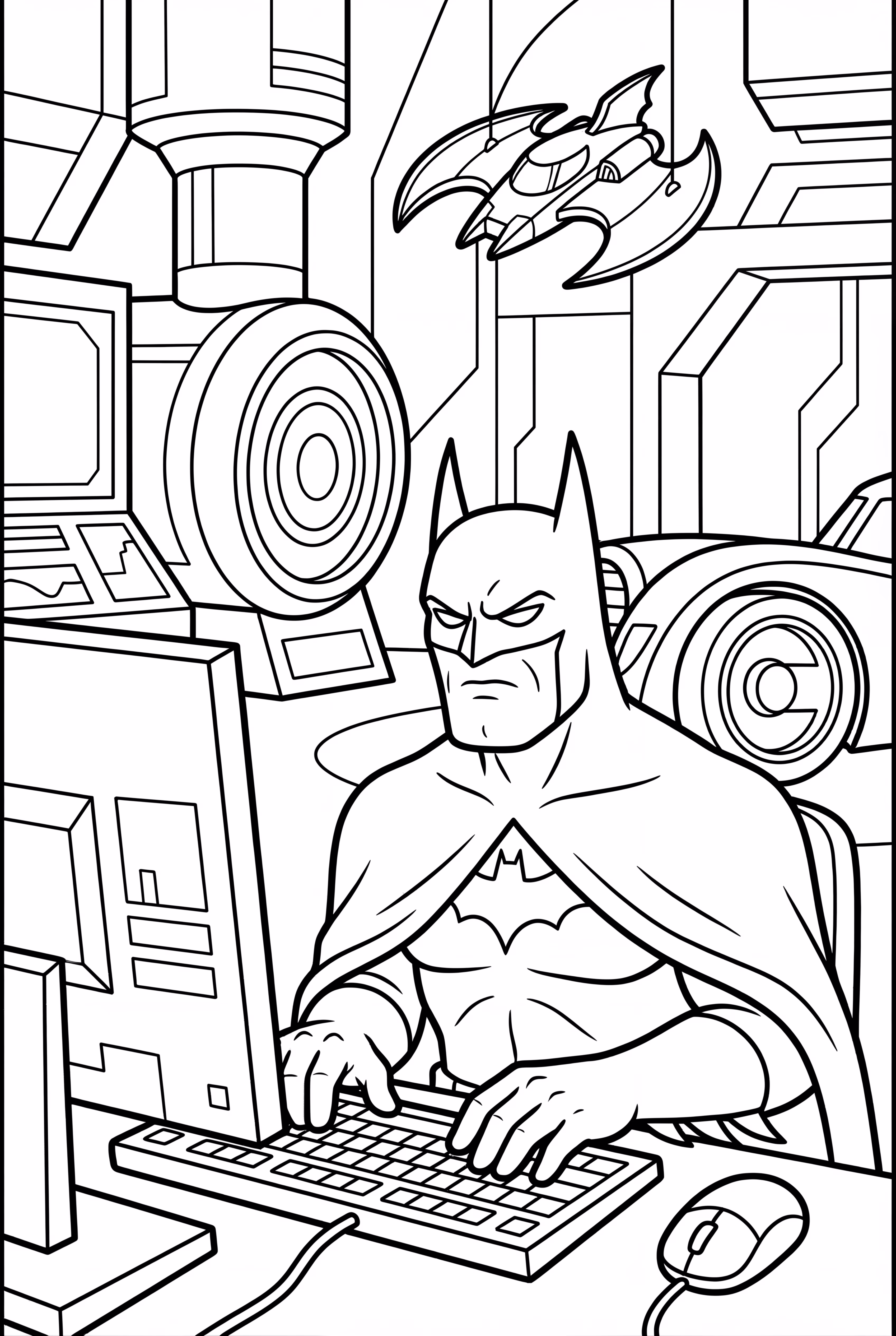 Batman operating a computer in the Batcave