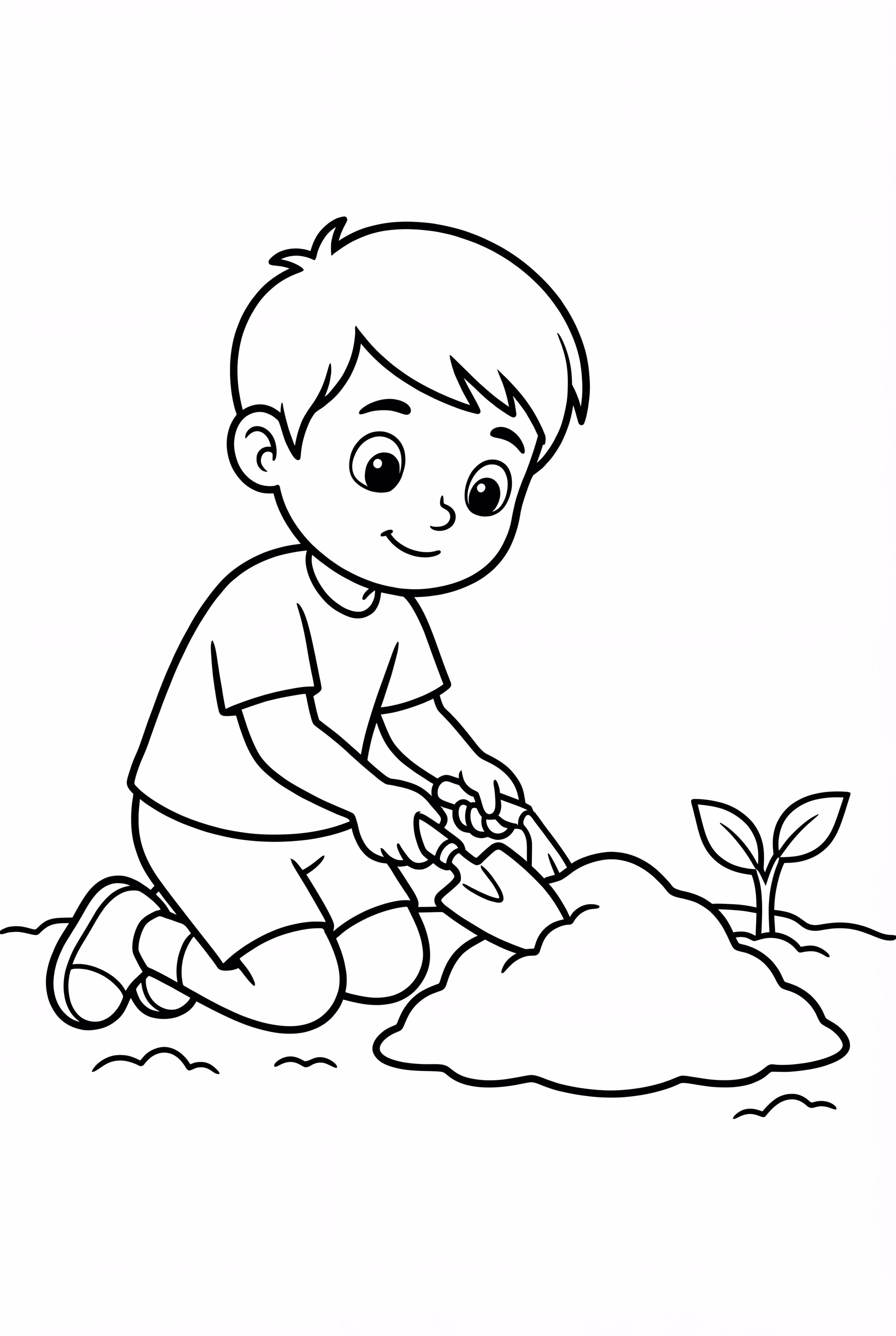 Ein Junge gräbt im Garten