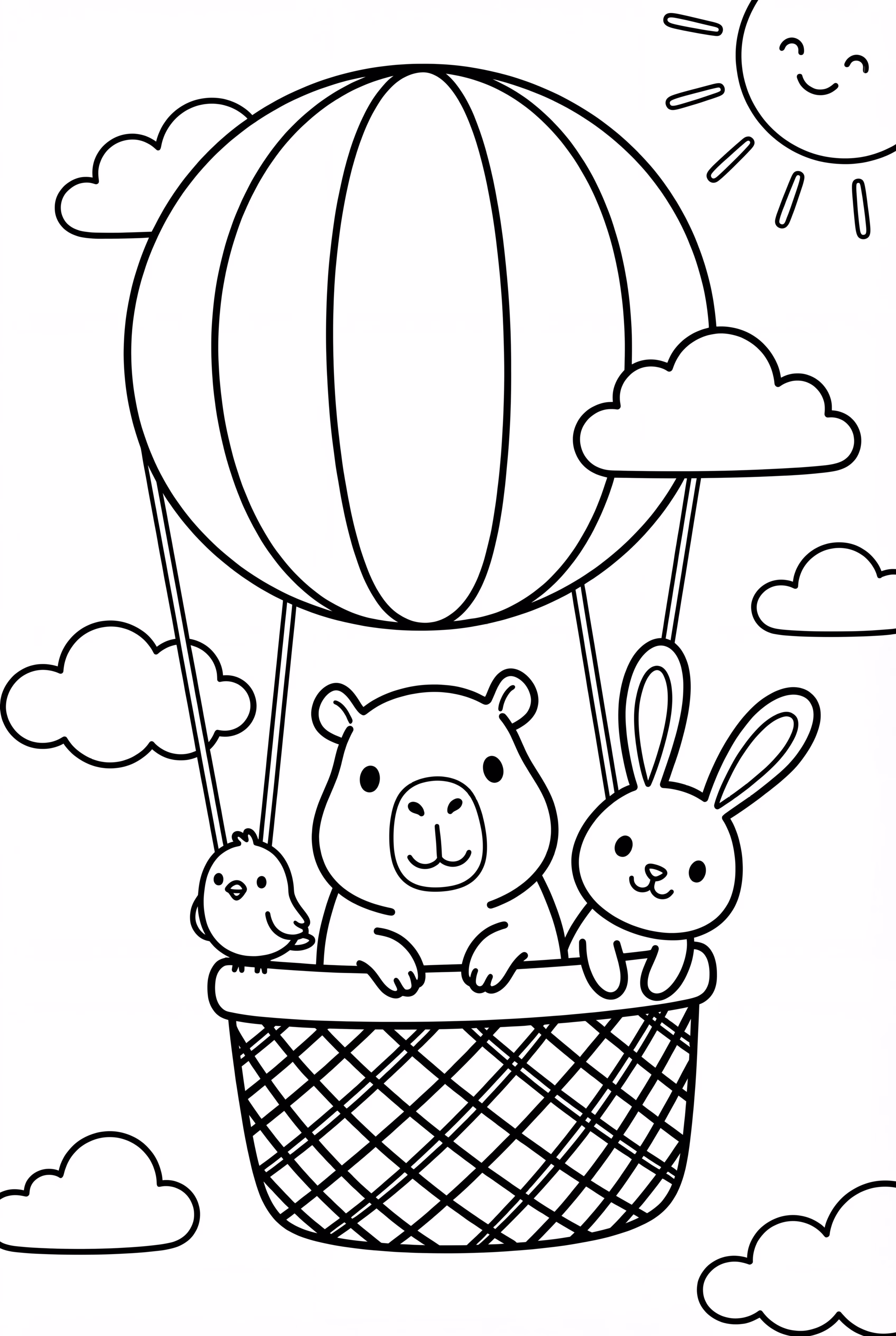 Una capibara y amigos en un globo aerostático