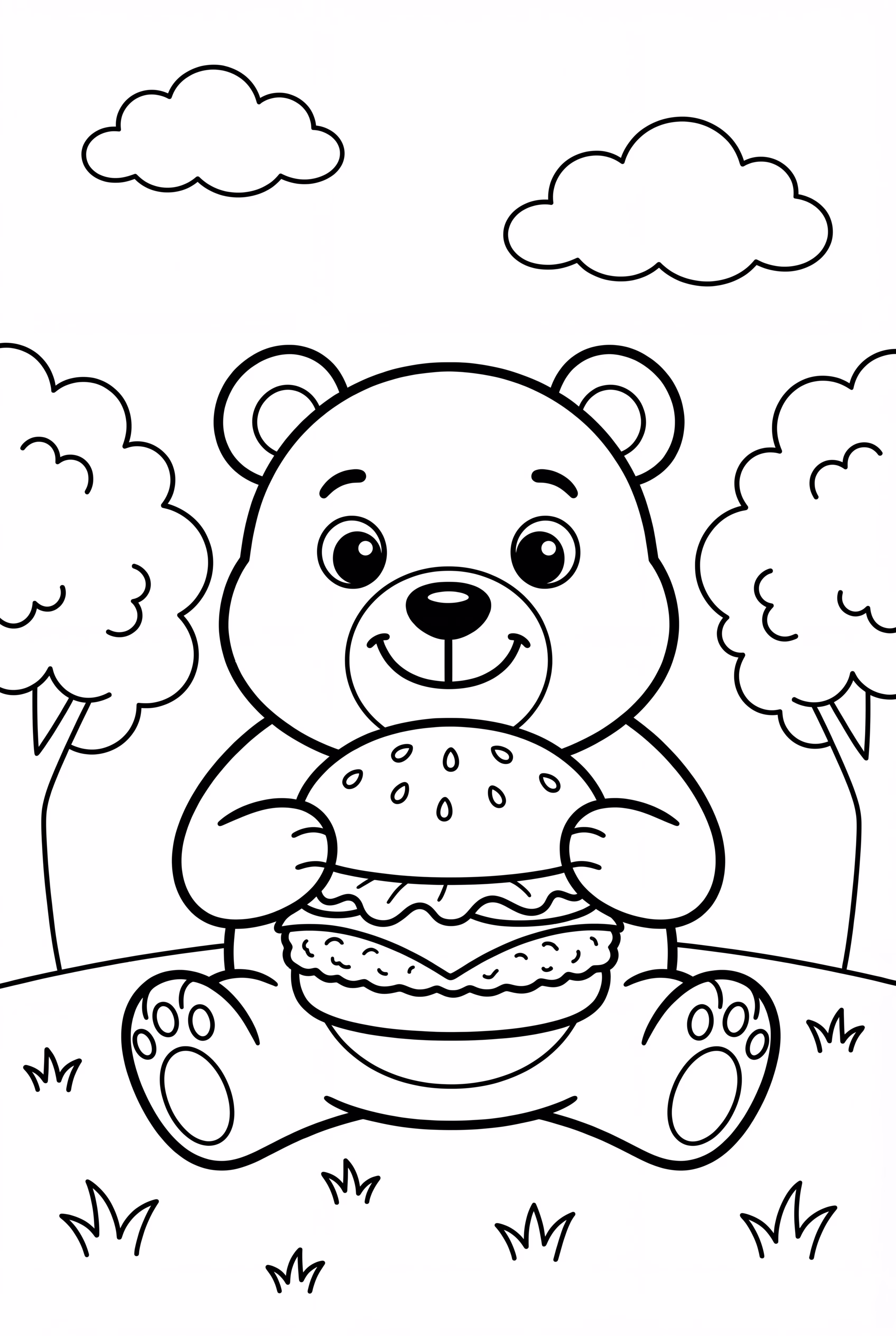 A Cartoon Bear Eating A Hamburger