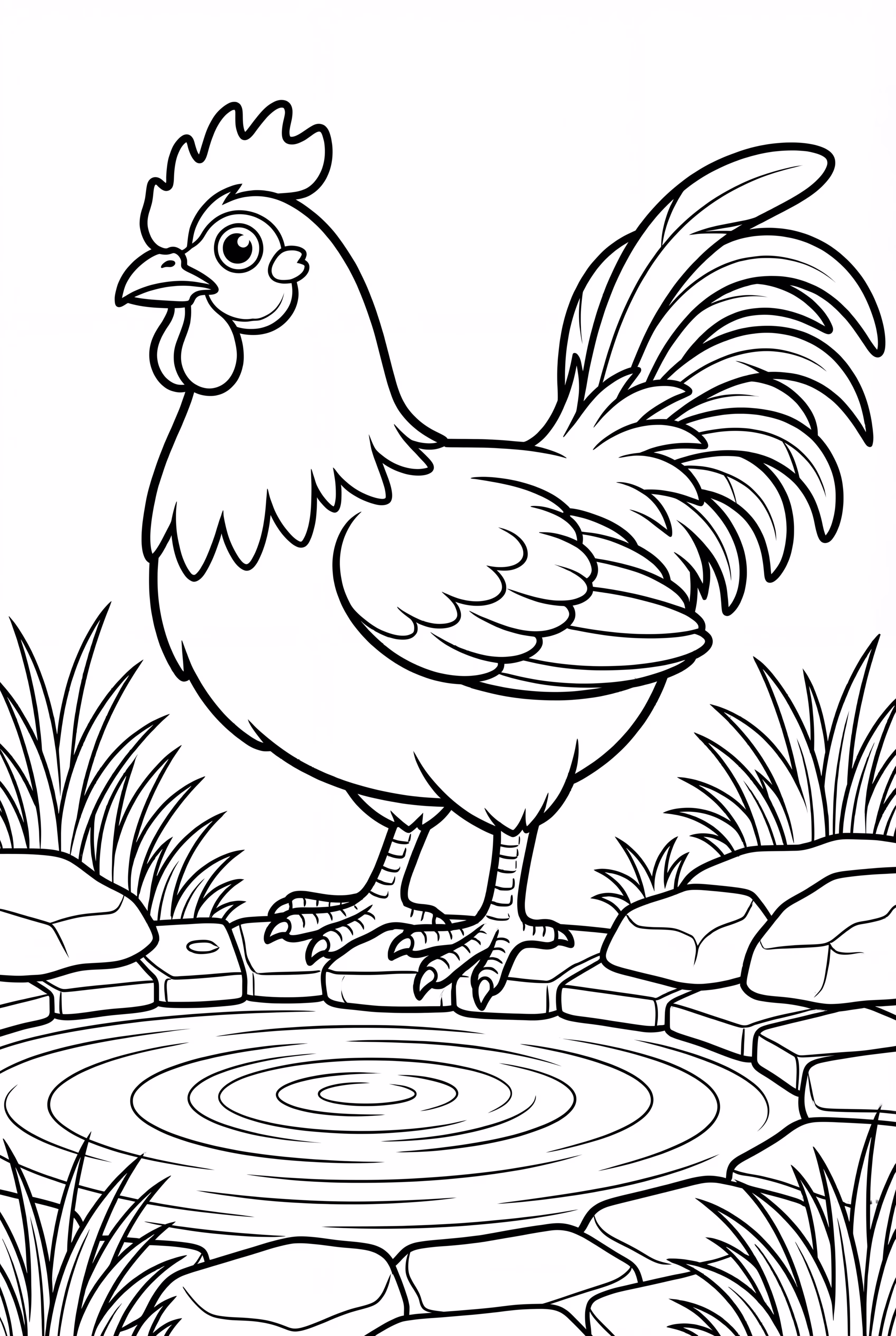 A chicken drinking water by the pond