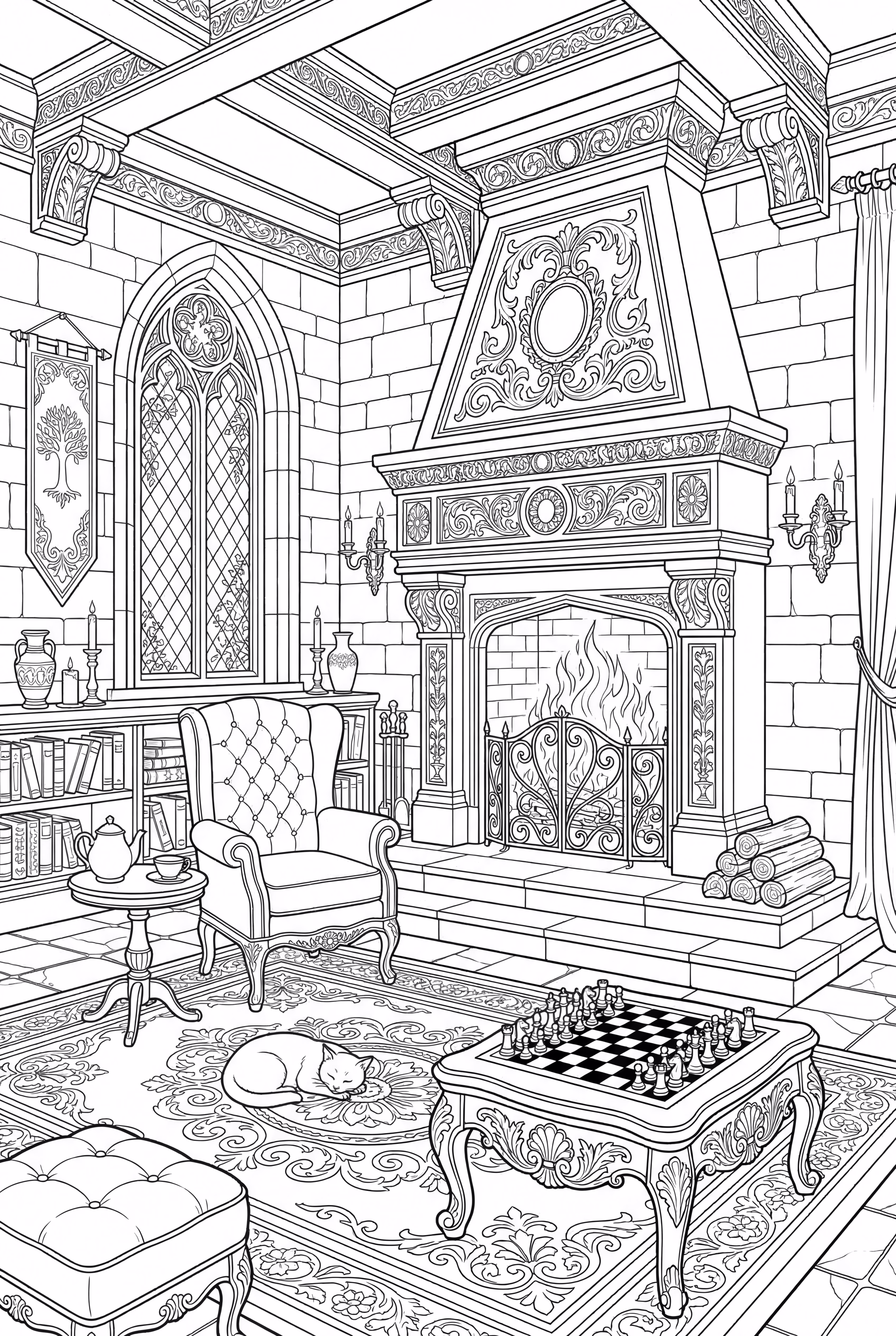 A Cozy Castle Room With A Large Fireplace