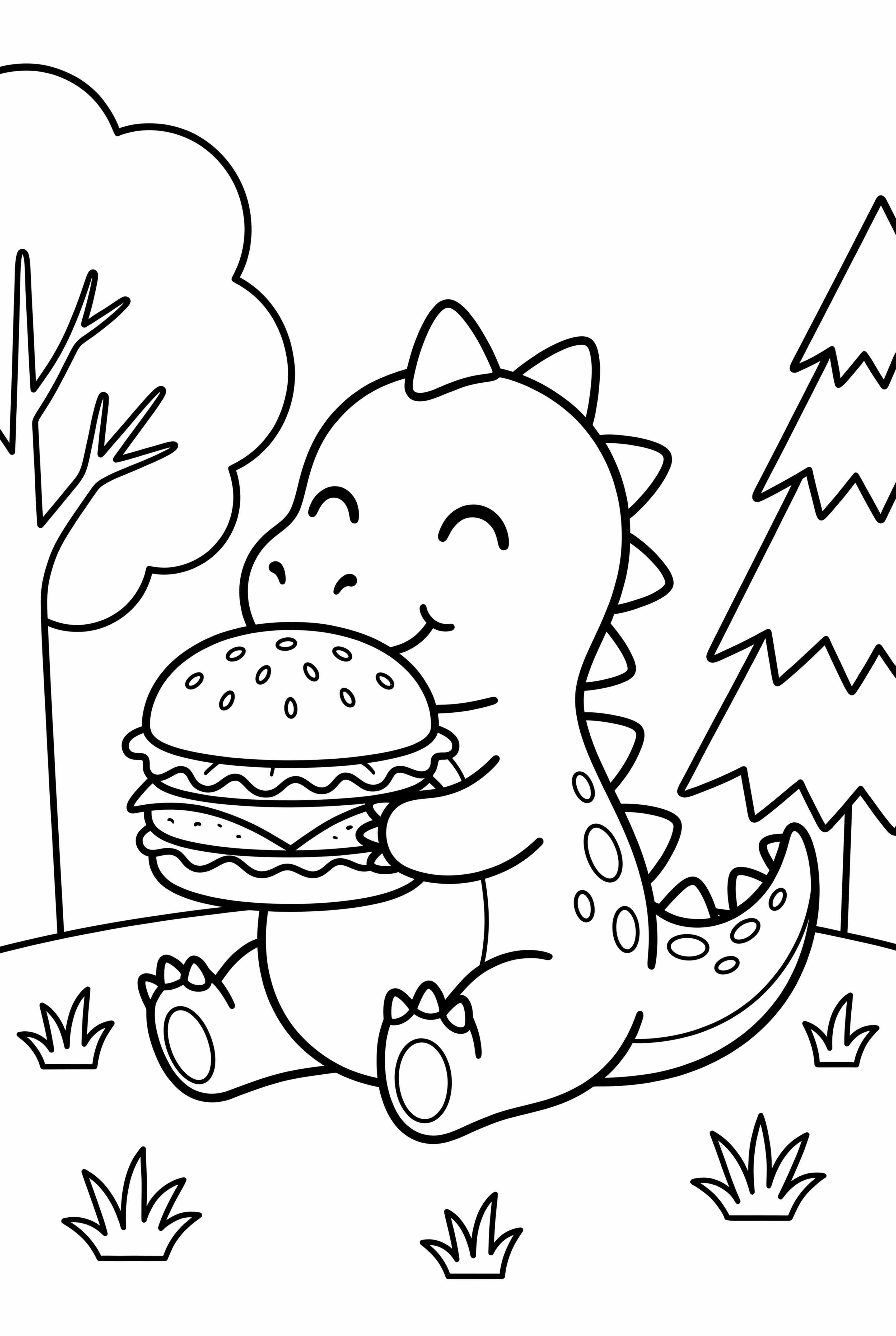 Ein süßer Dinosaurier, der einen Hamburger isst