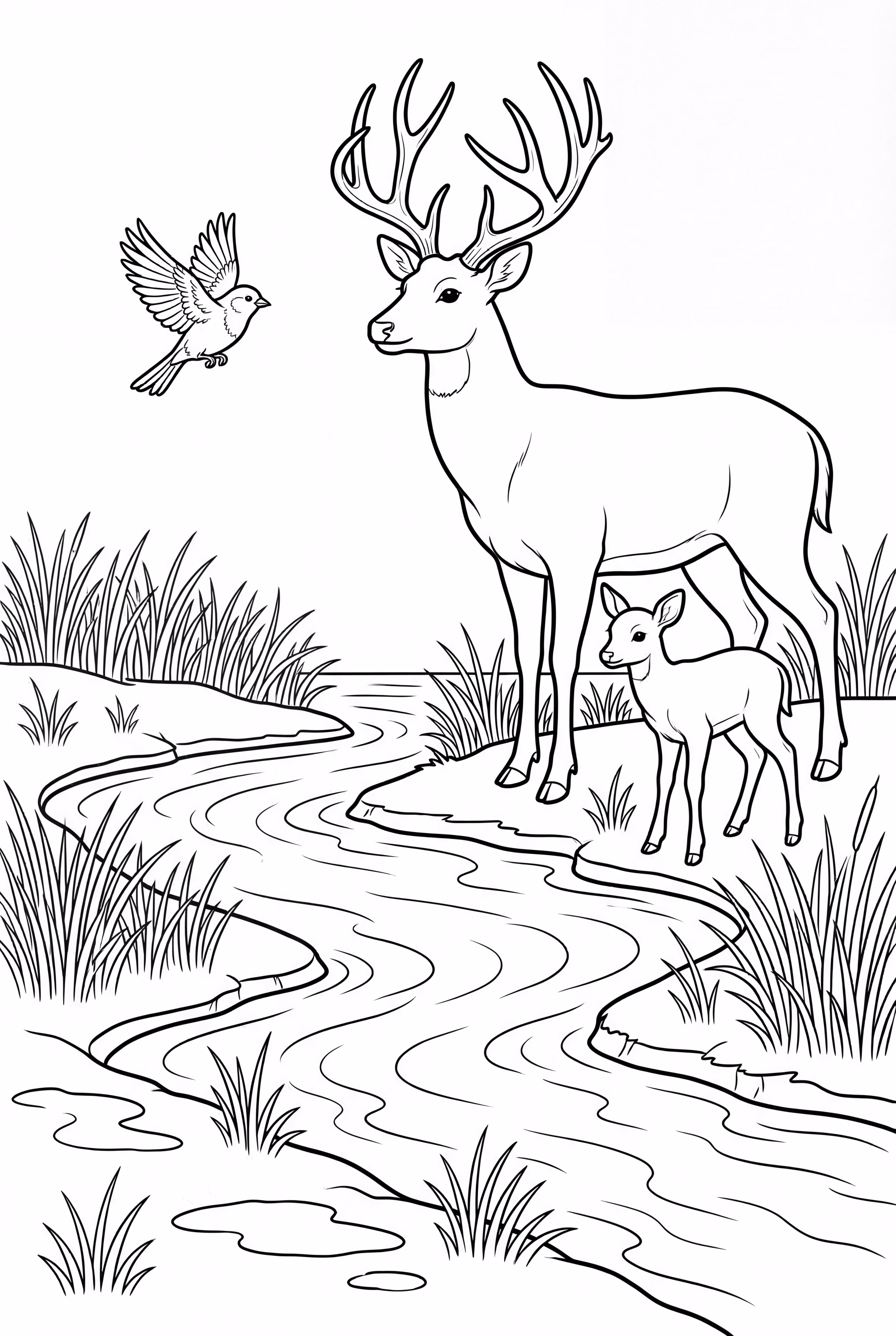 A deer interacting with birds by the stream