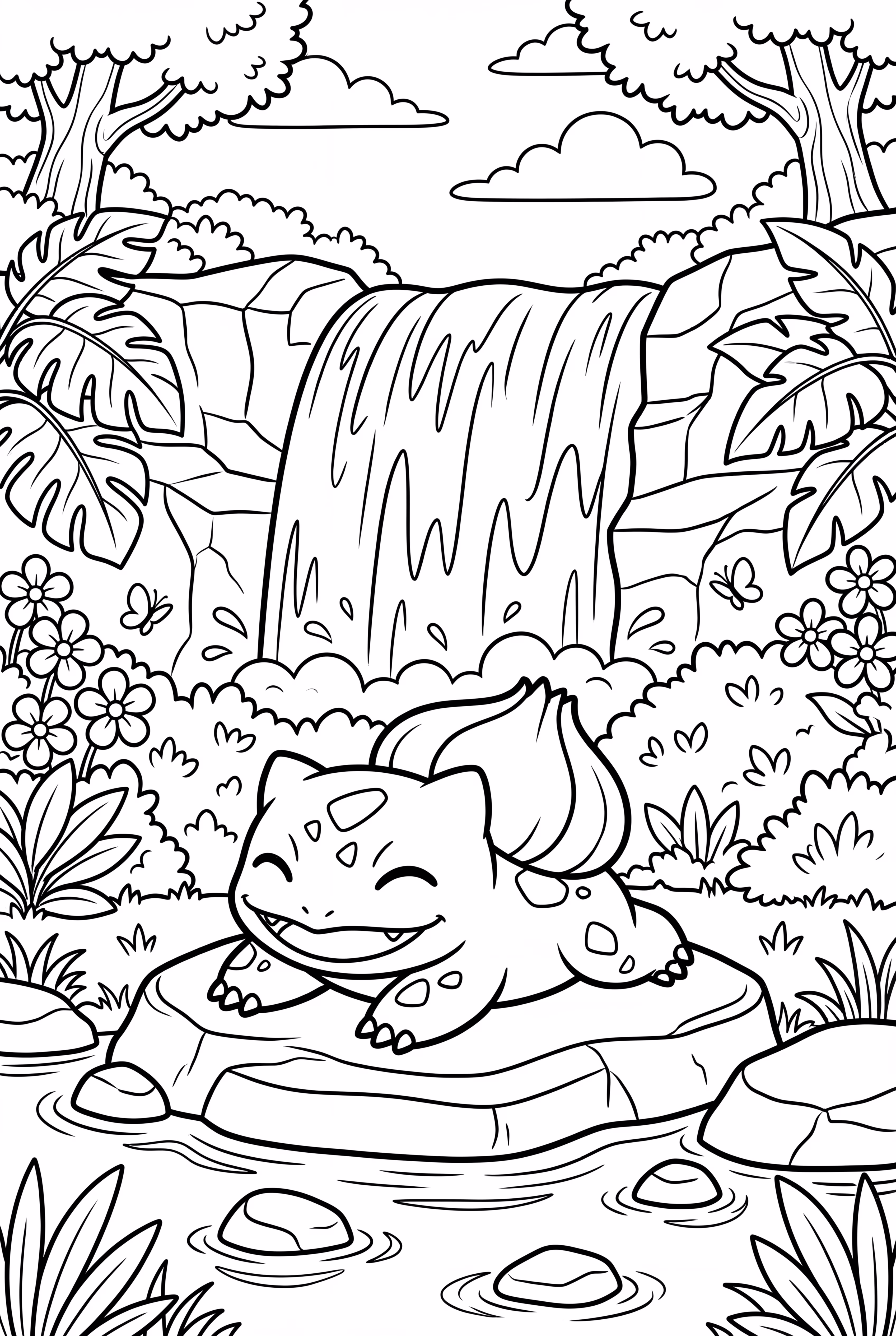 Eine detaillierte Szene von Bisasam beim Sonnenbaden an einem Wasserfall