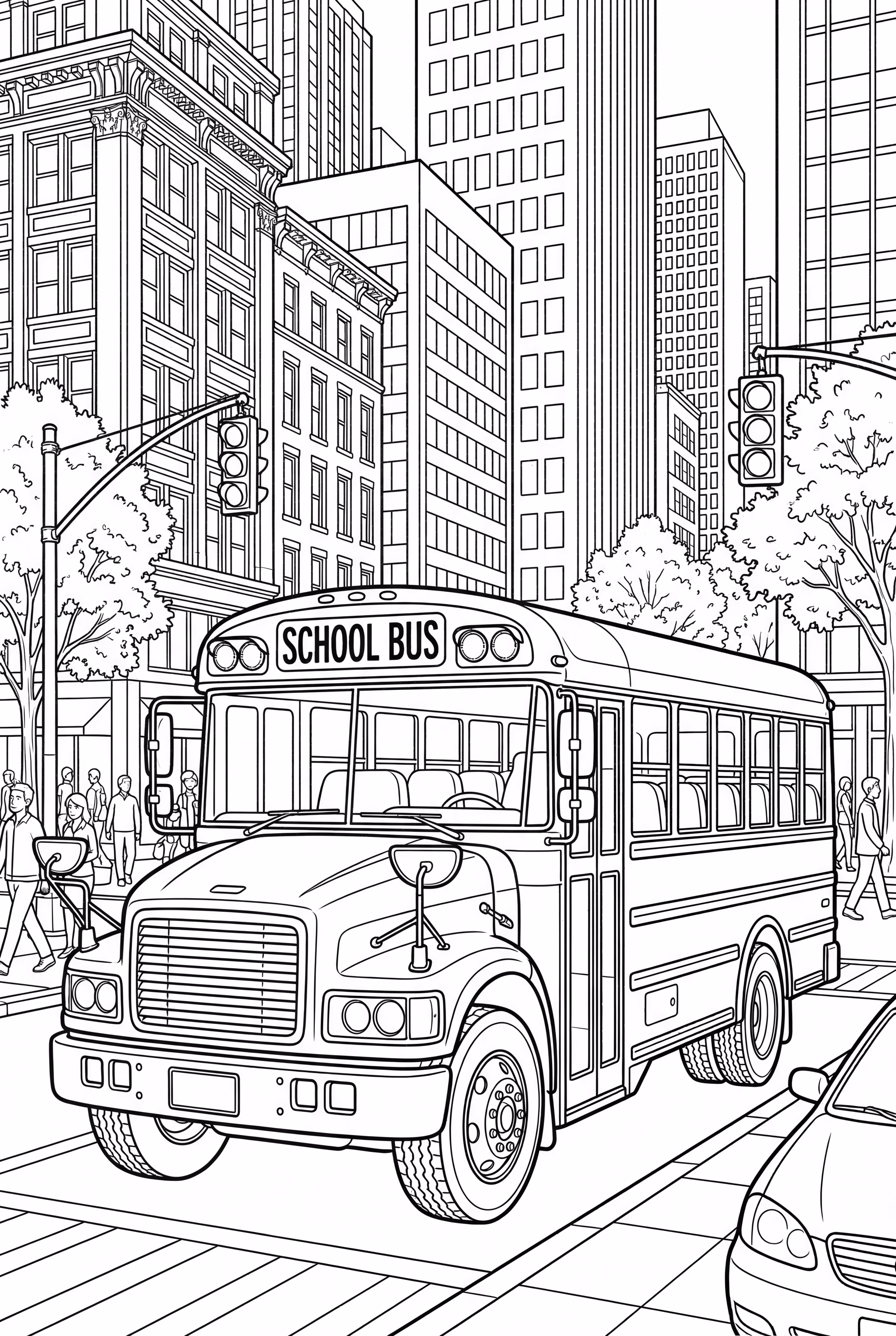 Un bus scolaire détaillé dans une rue animée de la ville