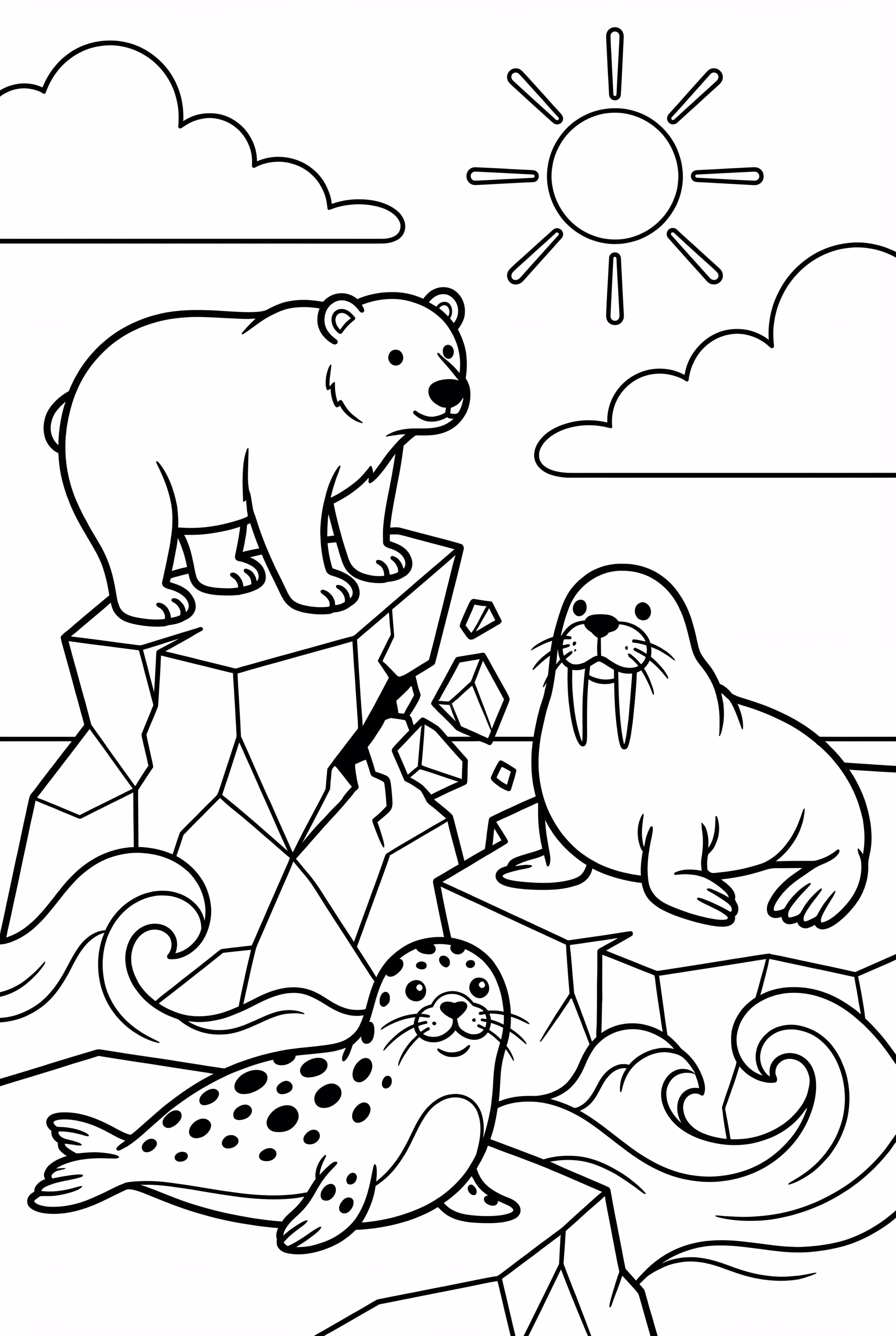 A Dramatic Scene of Arctic Animals on a Crumbling Iceberg