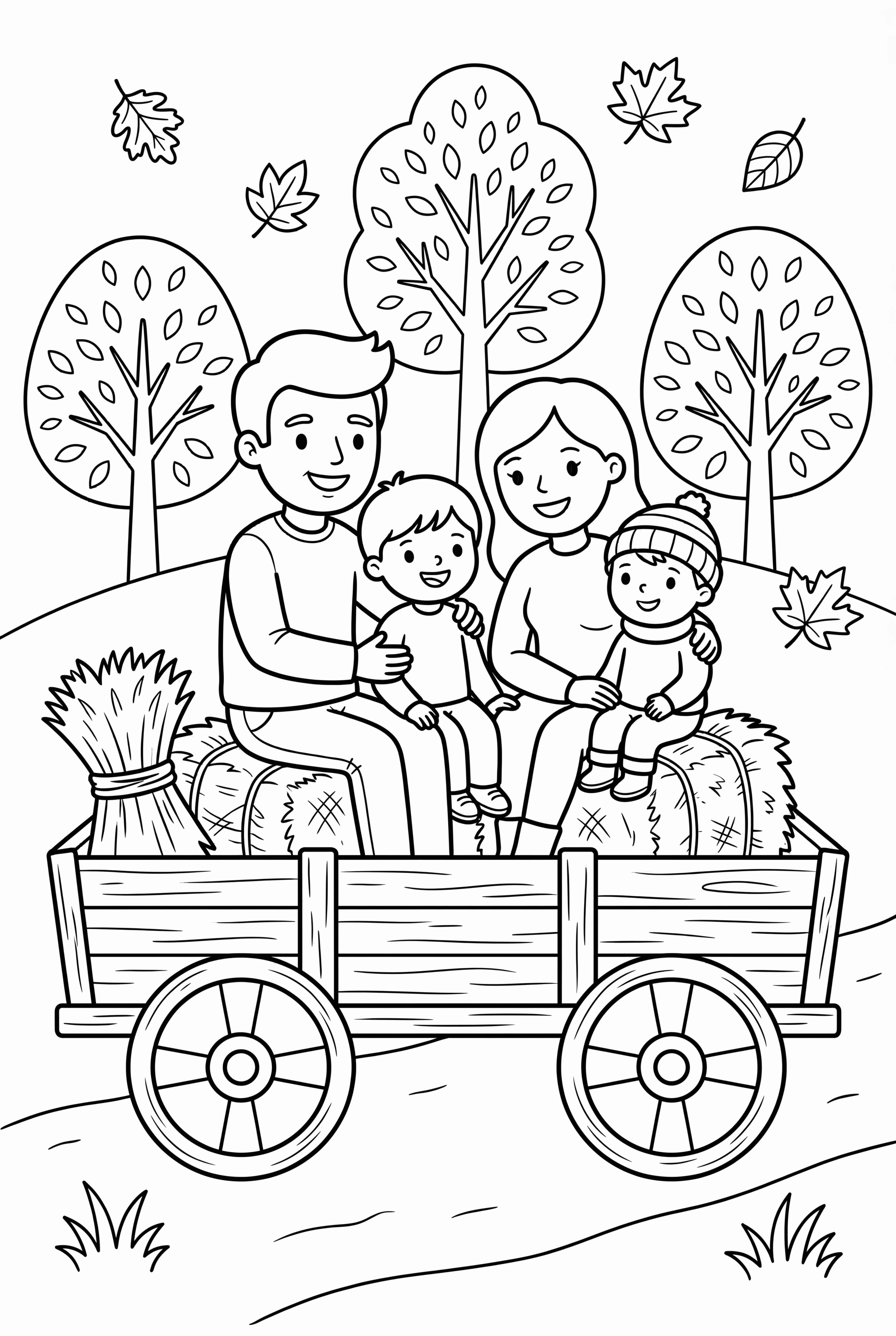 Uma Família Em Um Passeio De Outono Num Carroça De Feno