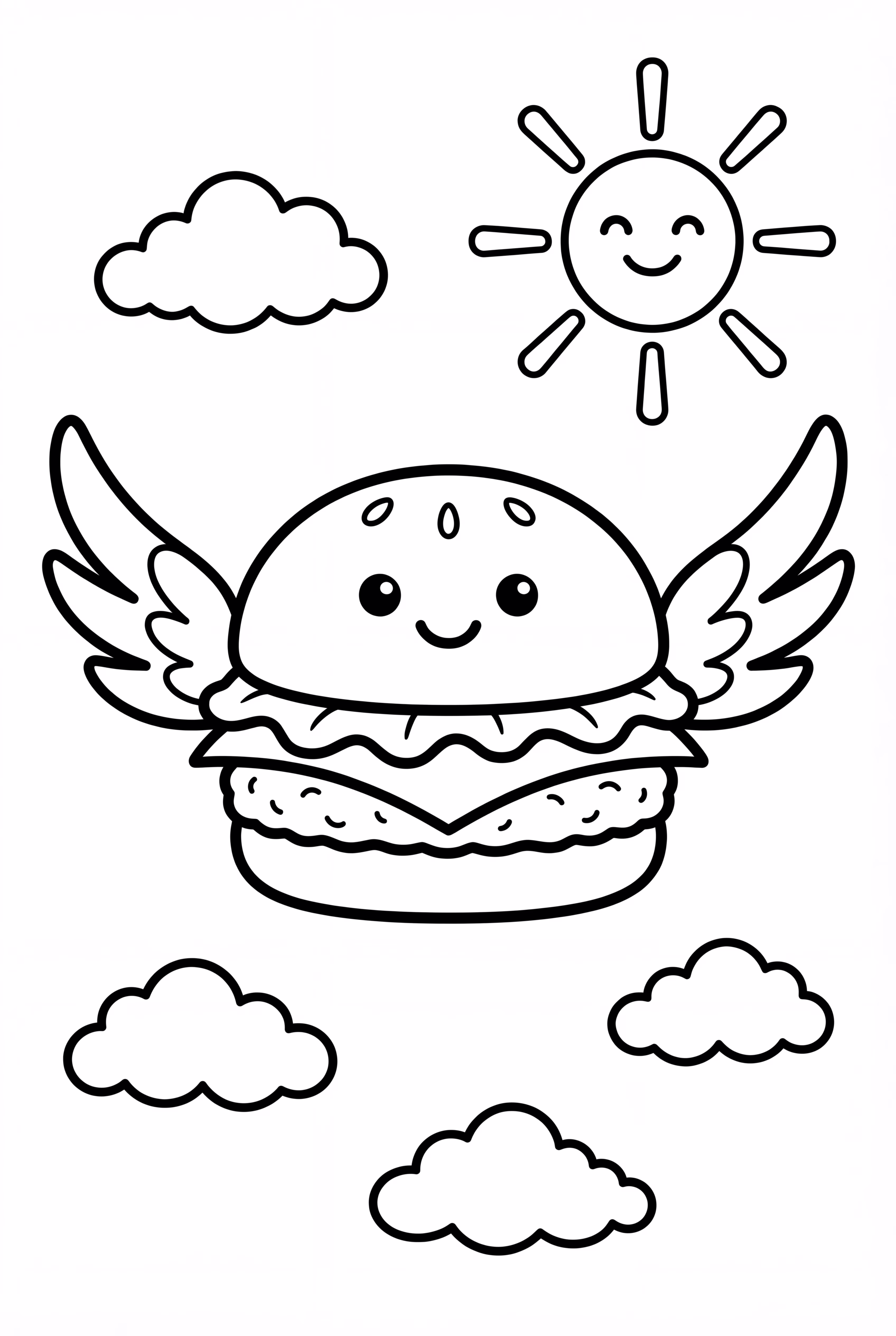 Um Hambúrguer Voador com Asas de Desenho Animado