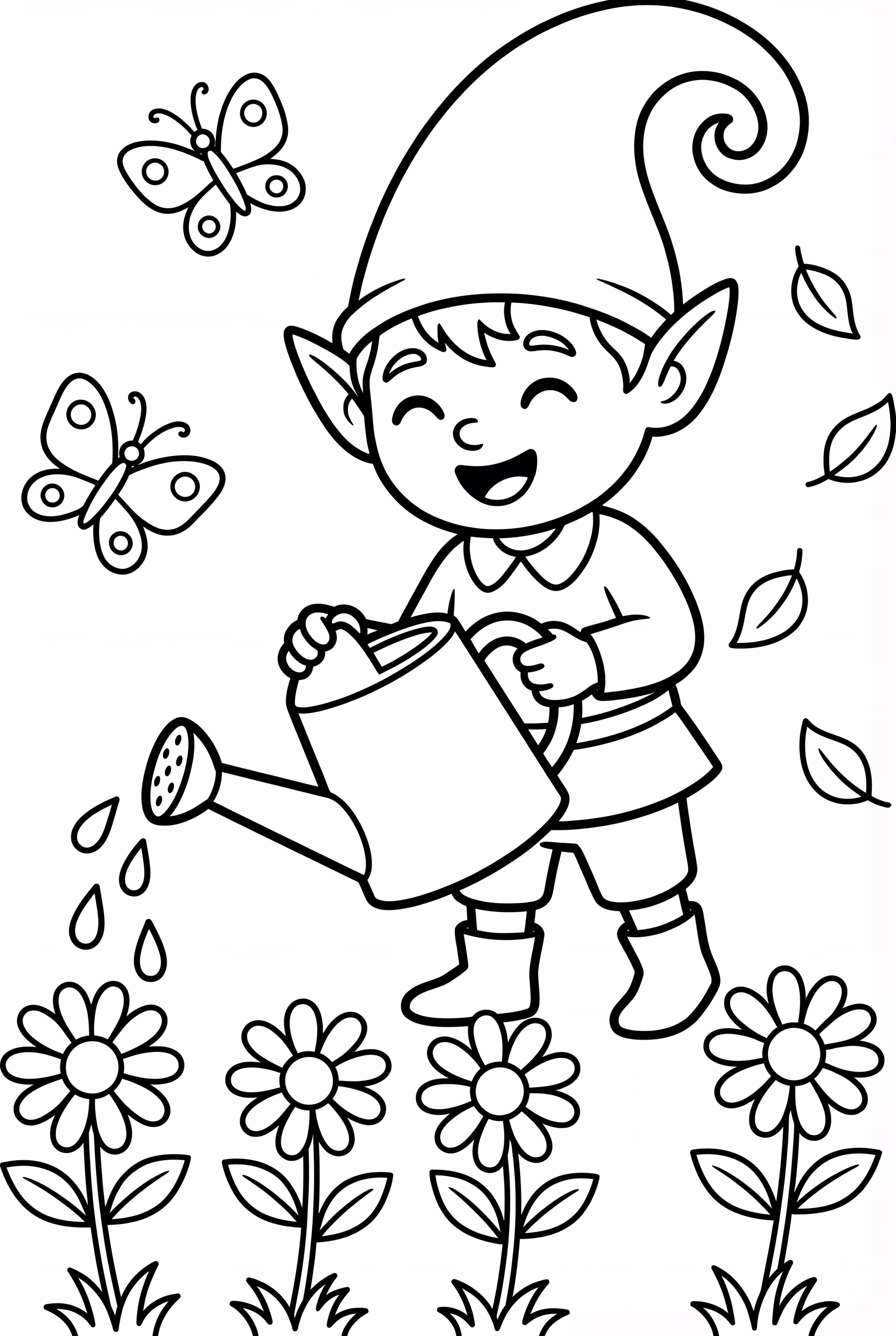 A Garden Elf Watering Flowers