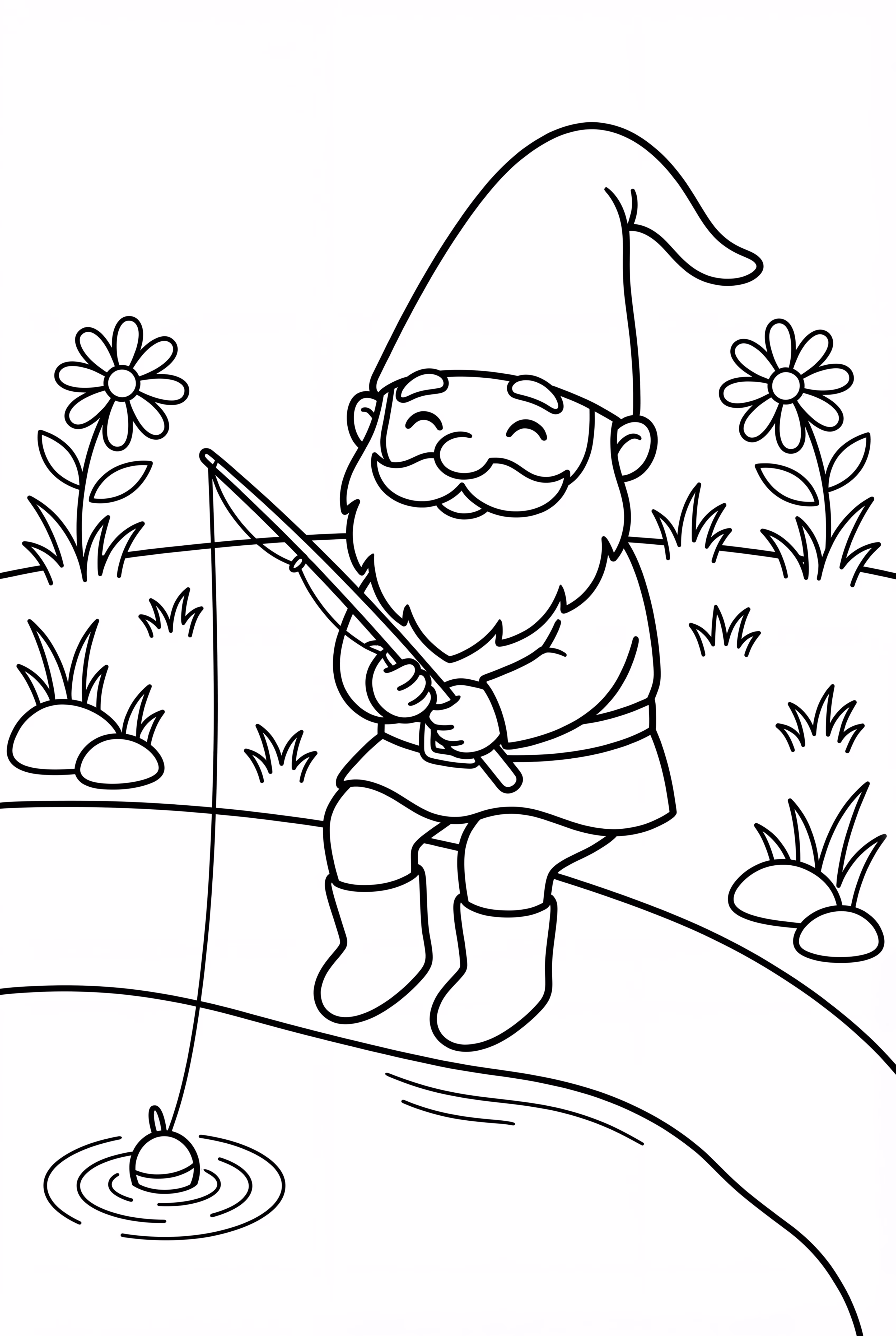 Ein Gartenzwerg, der an einem Teich angelt