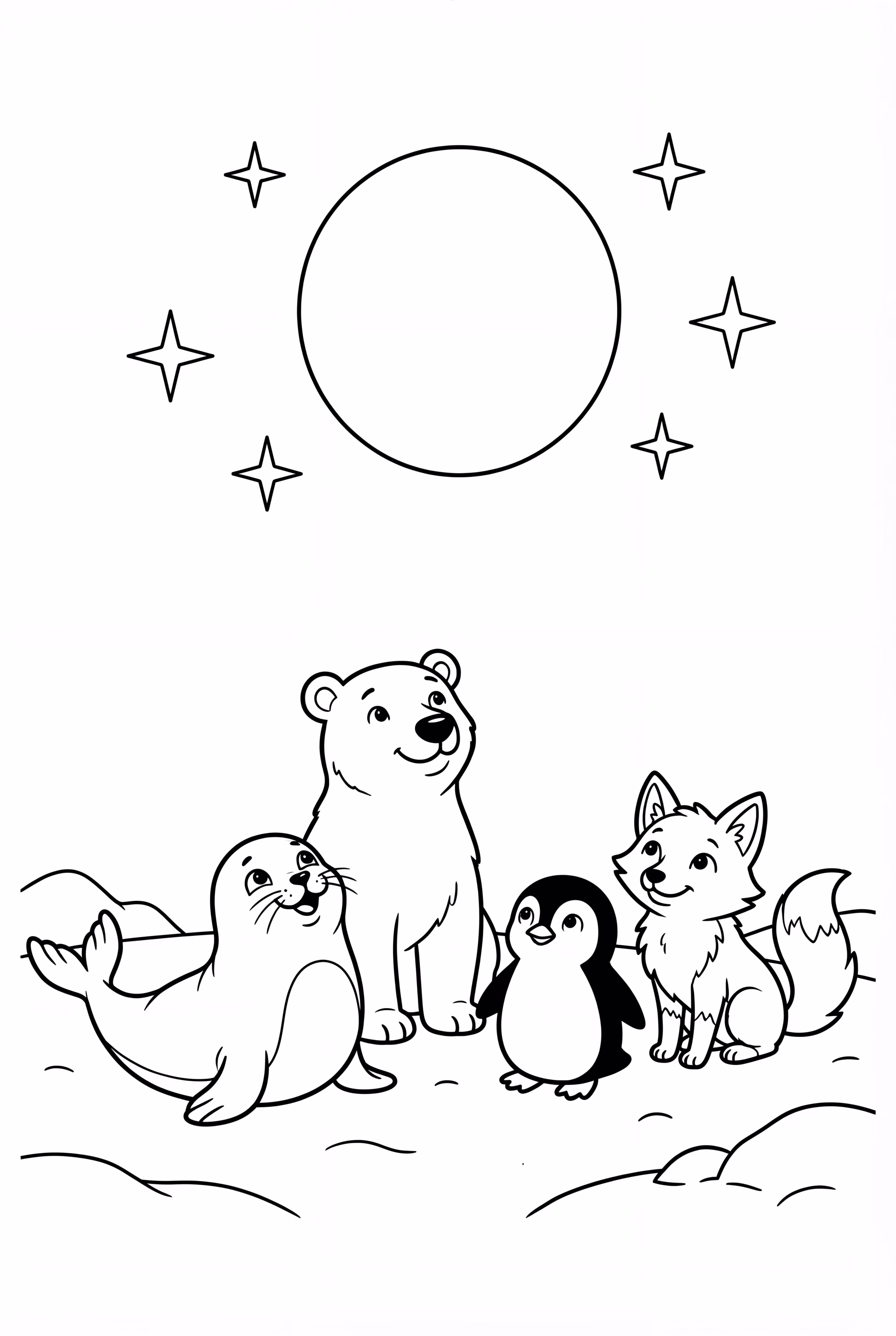 A Group of Arctic Animals Gazing at the Moon