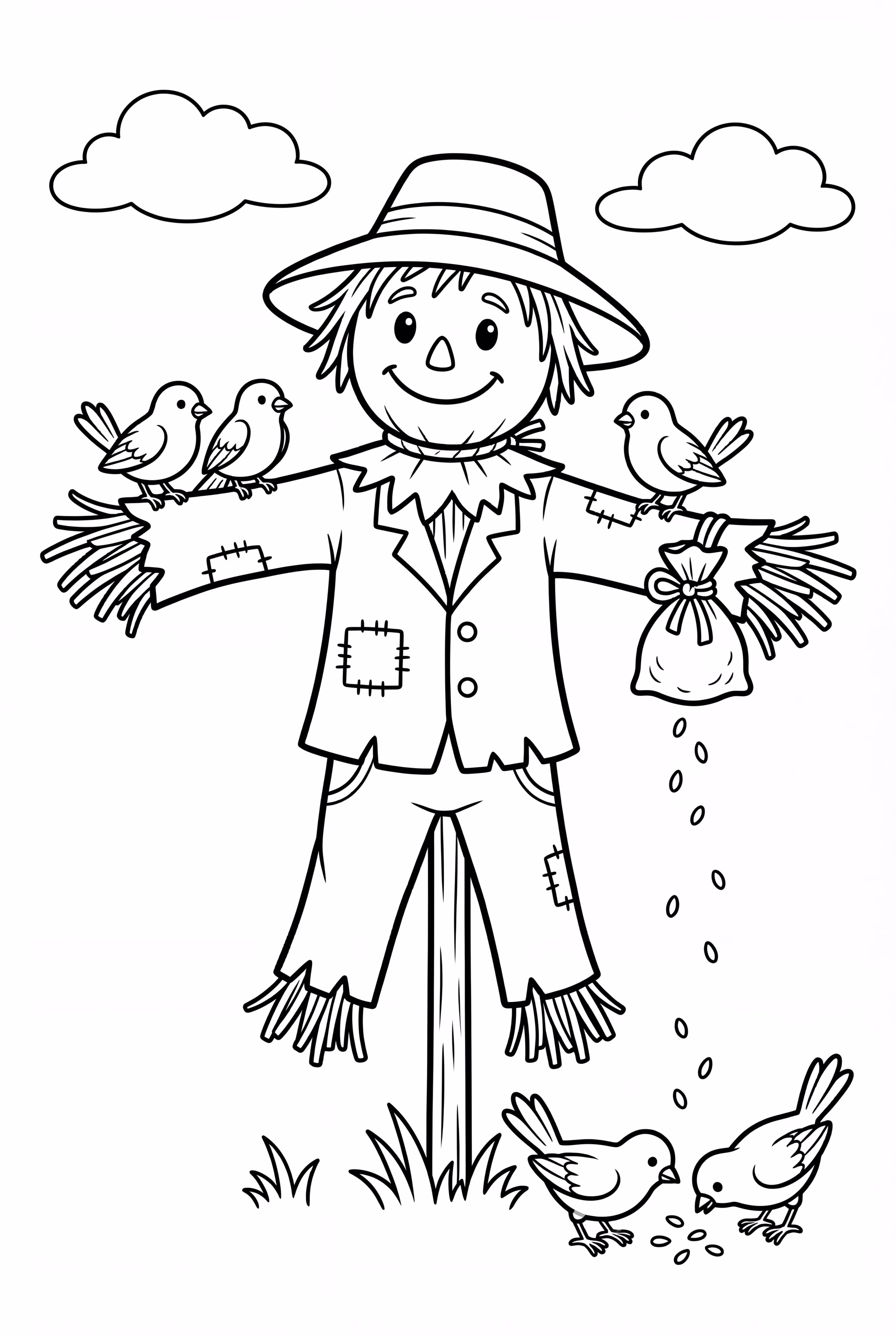 A Kind Scarecrow Sharing Seeds With Birds