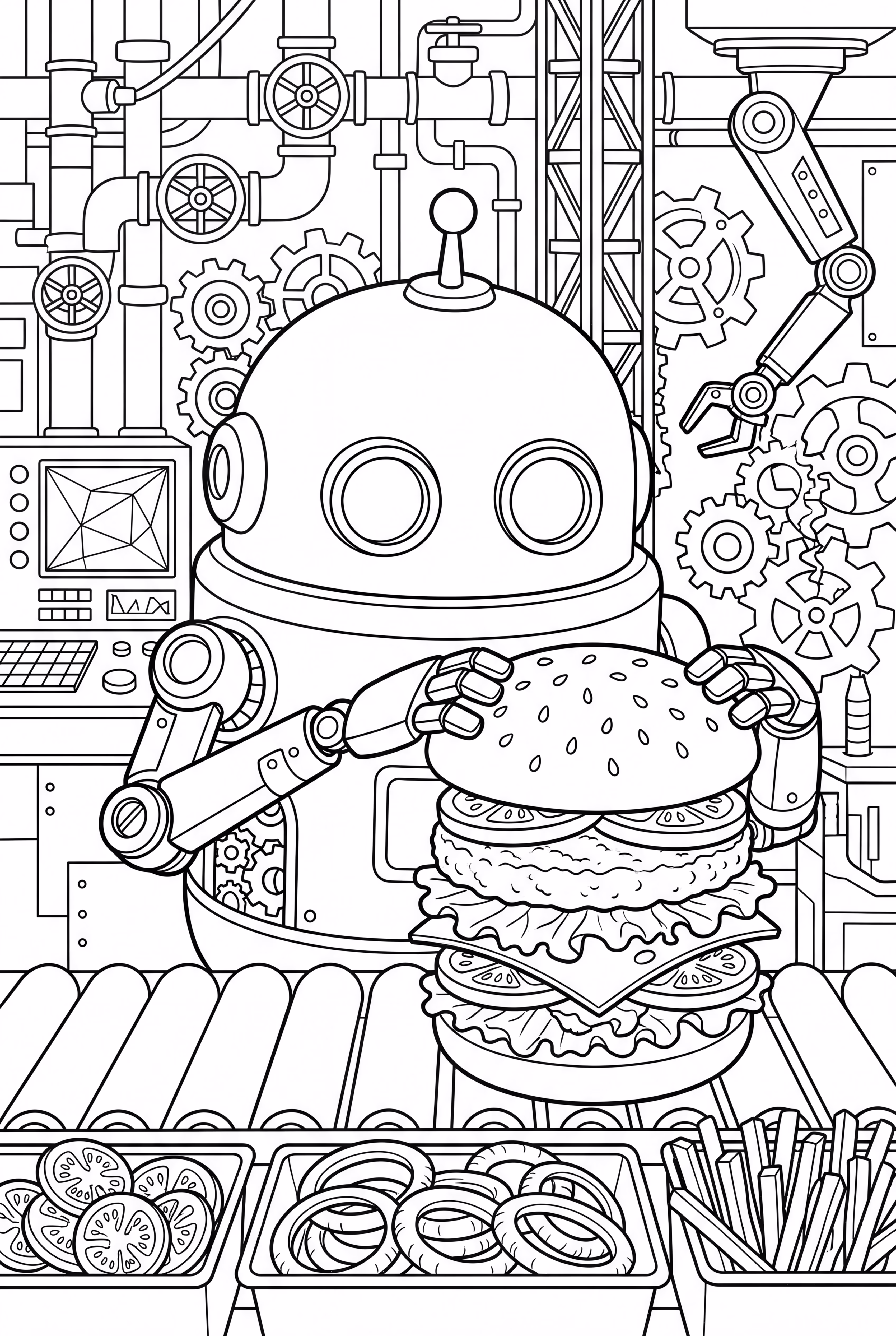 Um Robô Montando um Hambúrguer em uma Fábrica