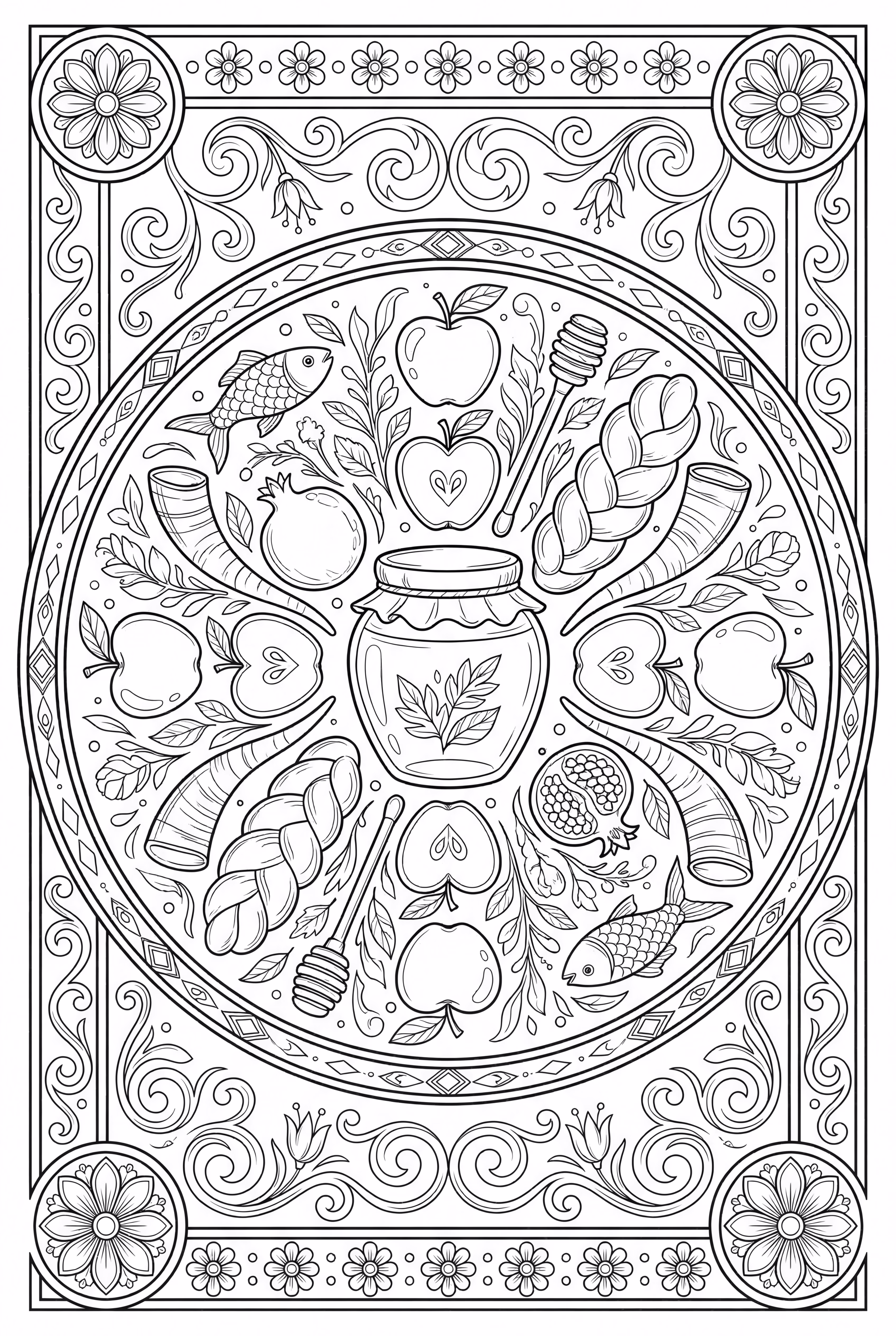 Un mandala de Rosh Hashanah avec des symboles de fête