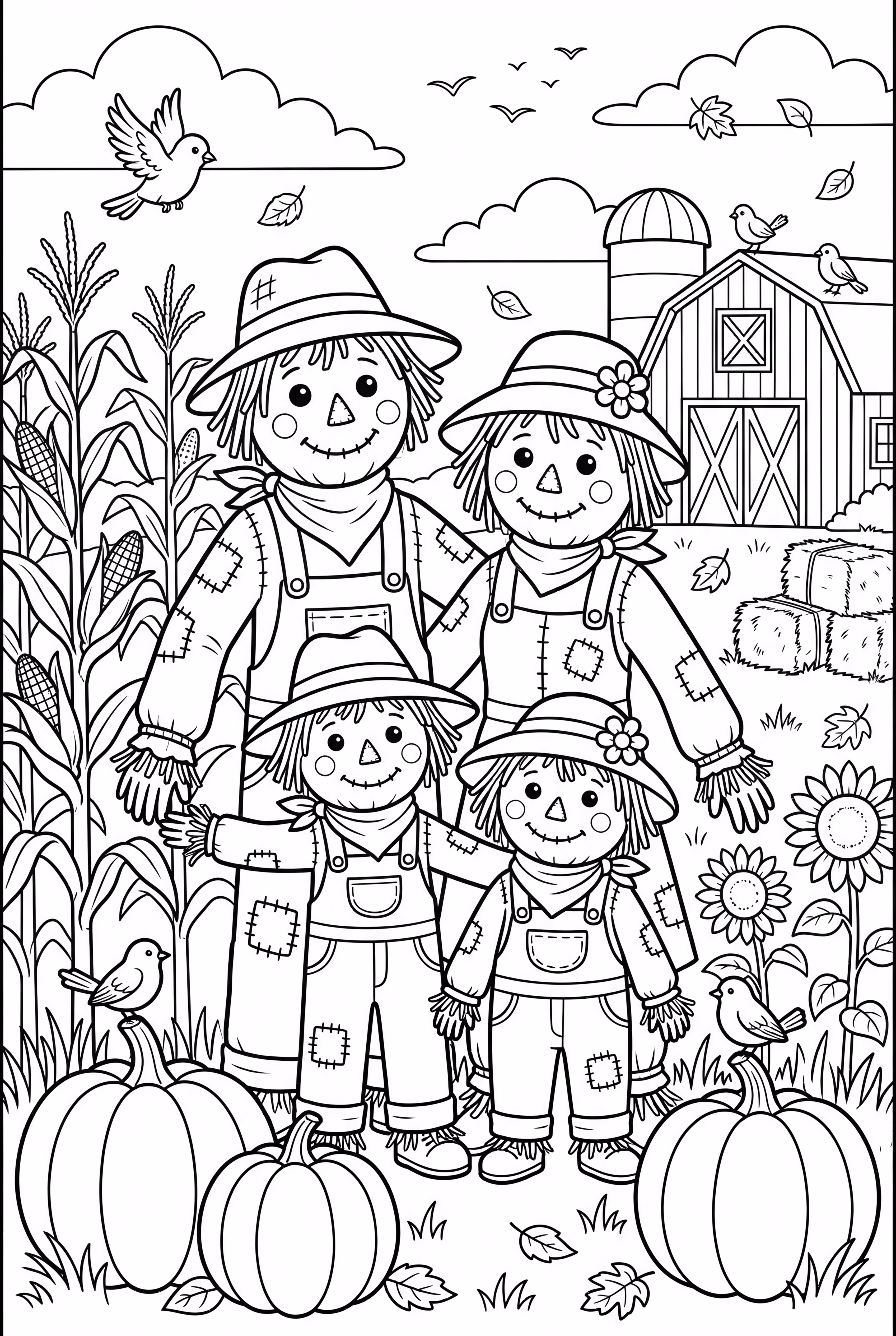 A Scarecrow Family With A Farm Background