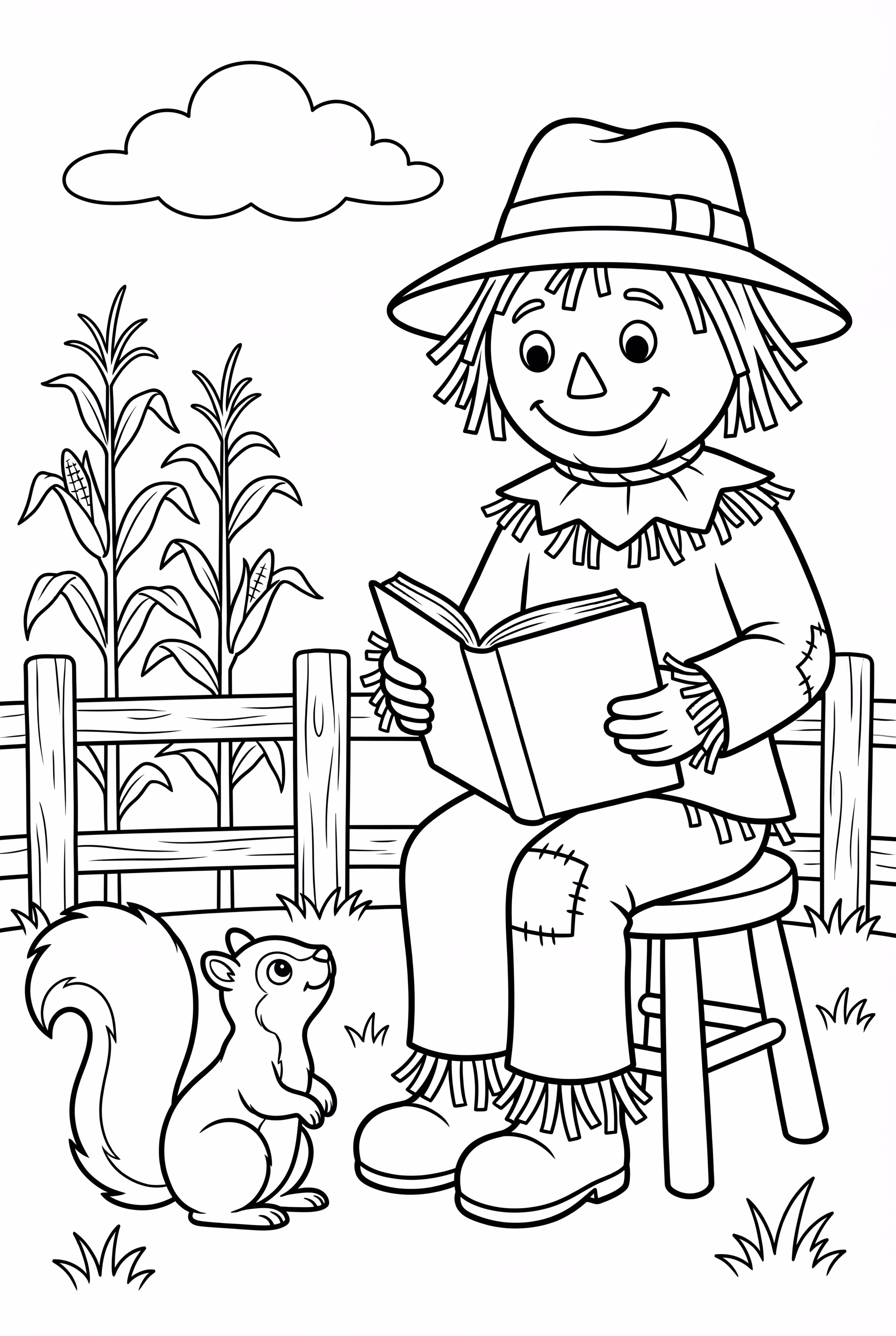 A Scarecrow Reading A Book To A Squirrel