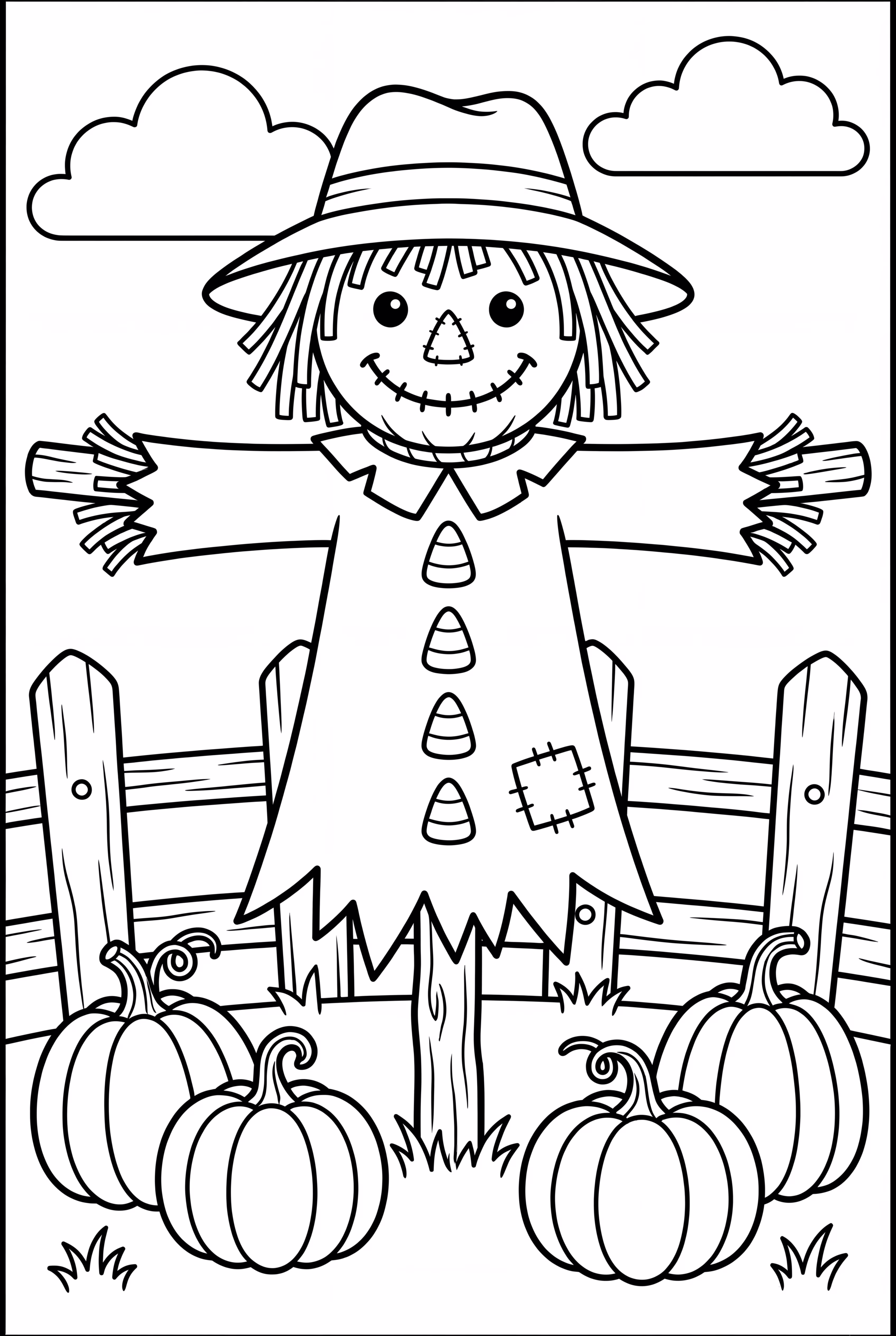 Ein Vogelscheuche mit Süßigkeiten-Mais-Knöpfen