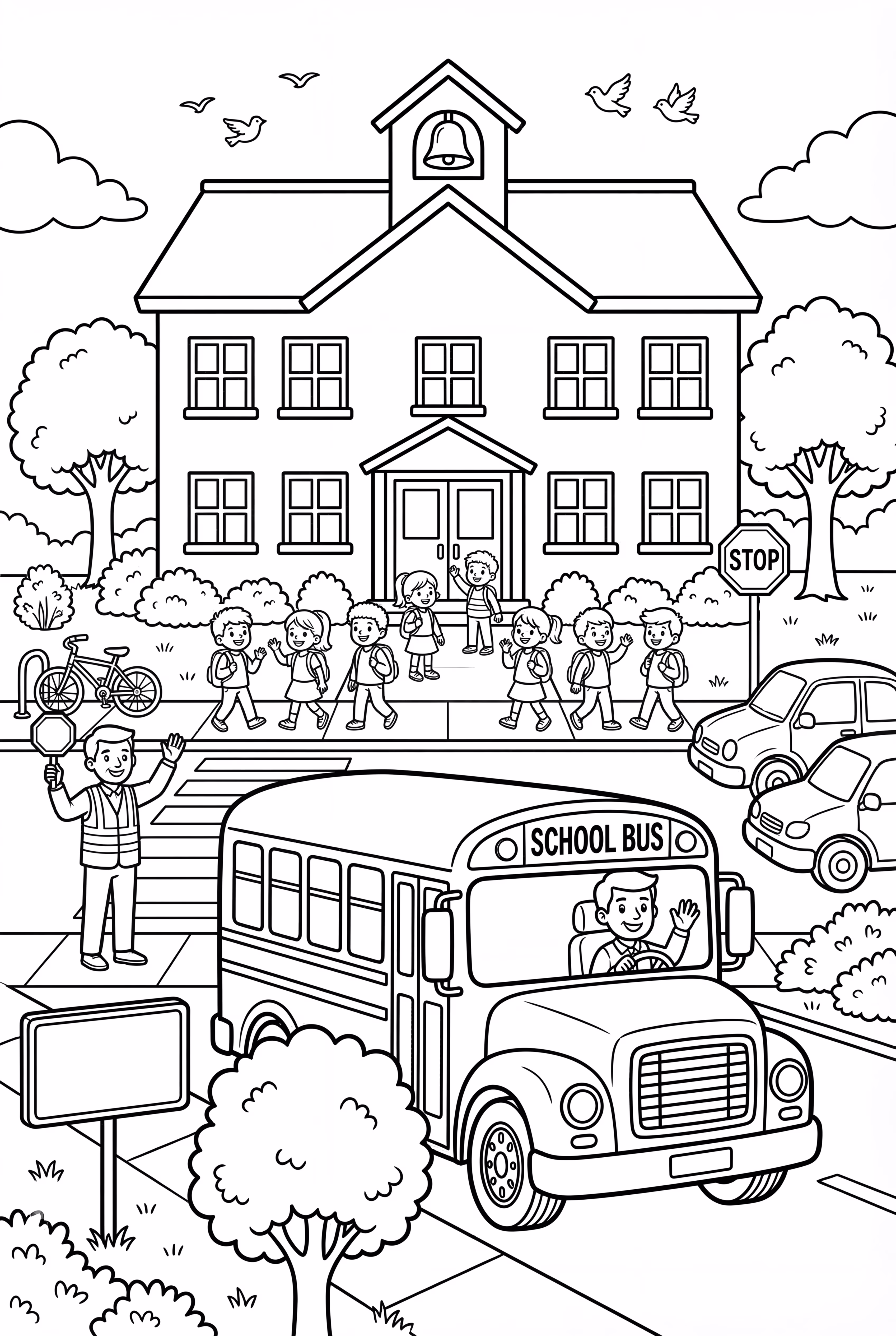 A School Bus at a Busy School Entrance