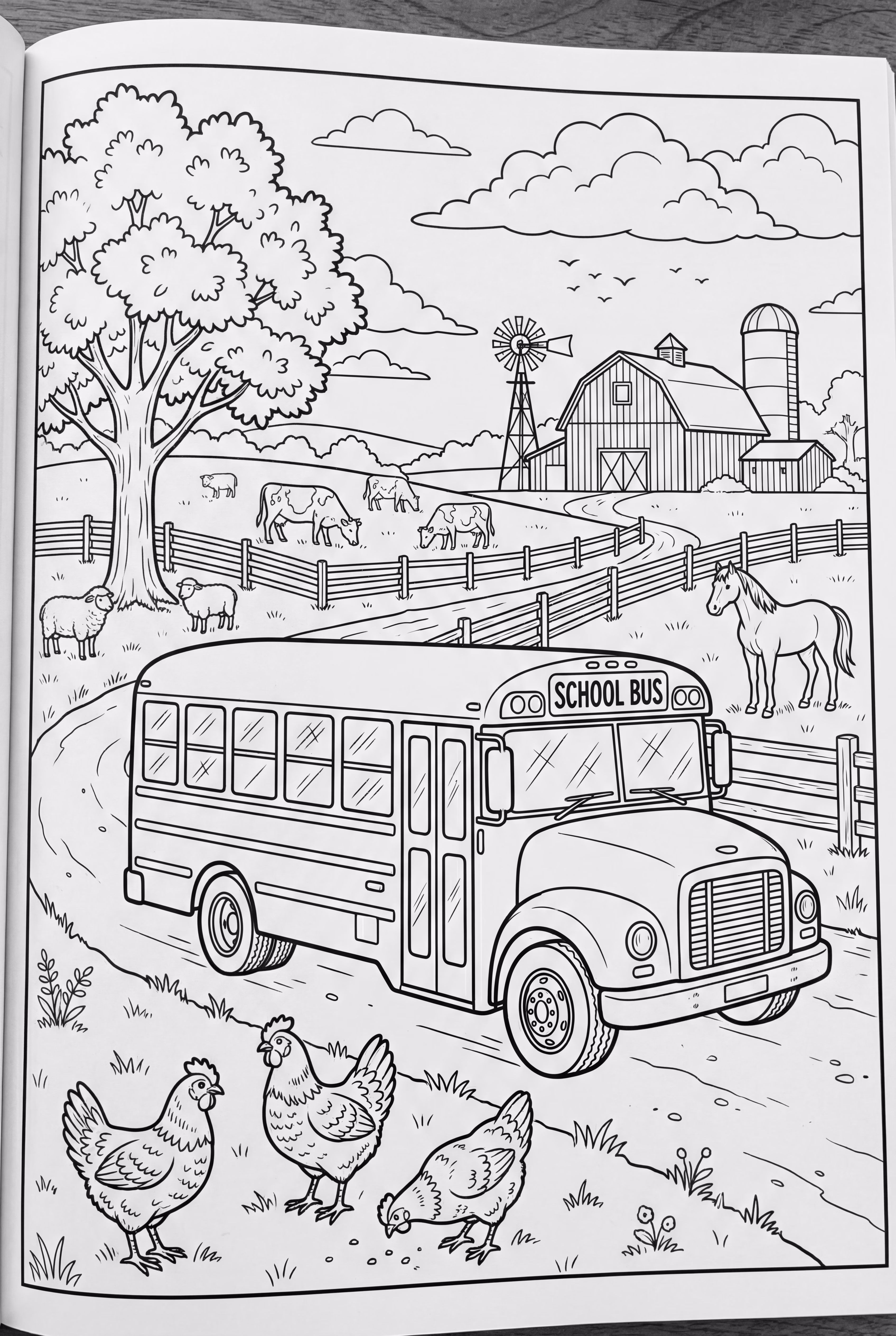 A School Bus Driving Past a Detailed Farm Scene