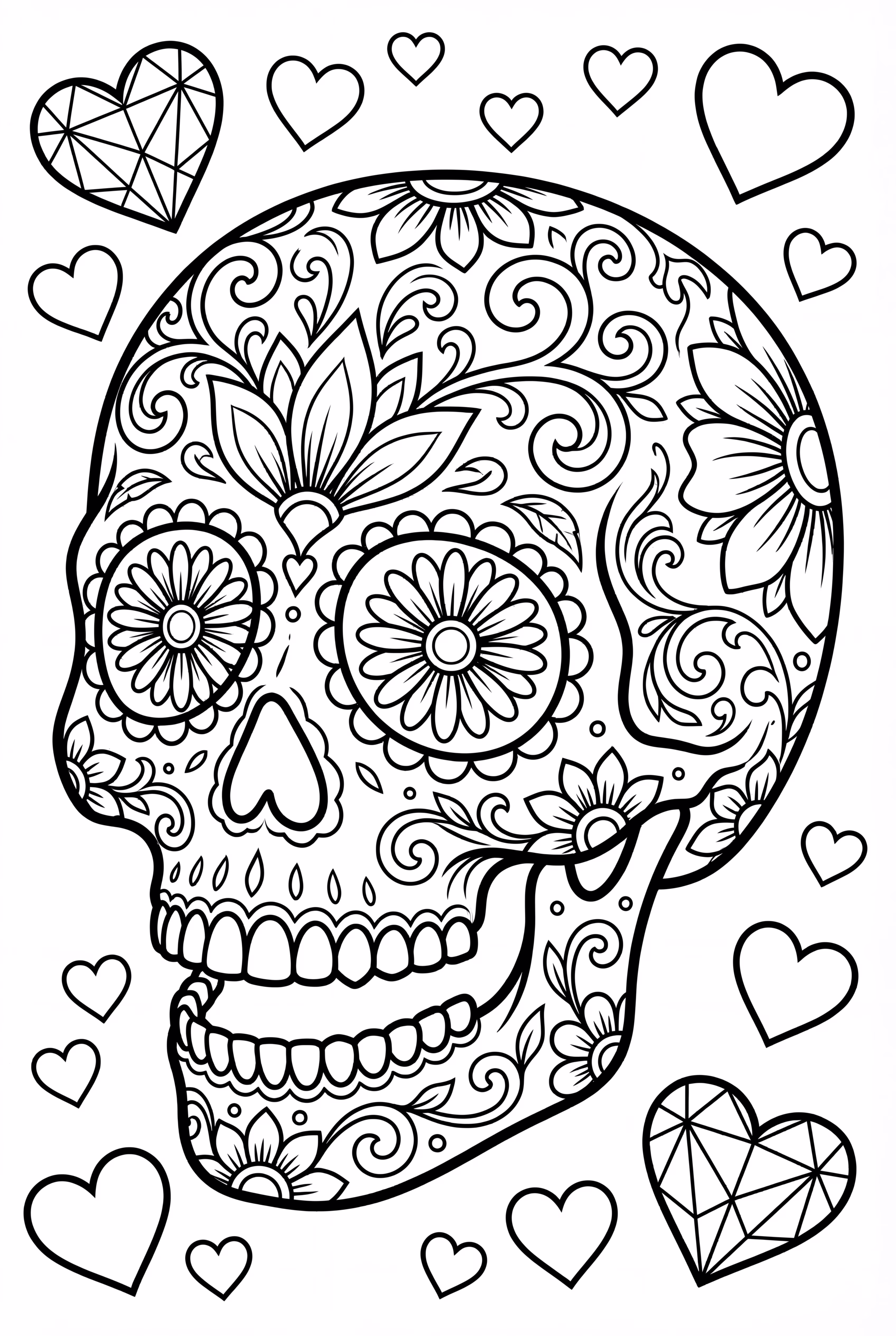 A smiling sugar skull next to heart shapes