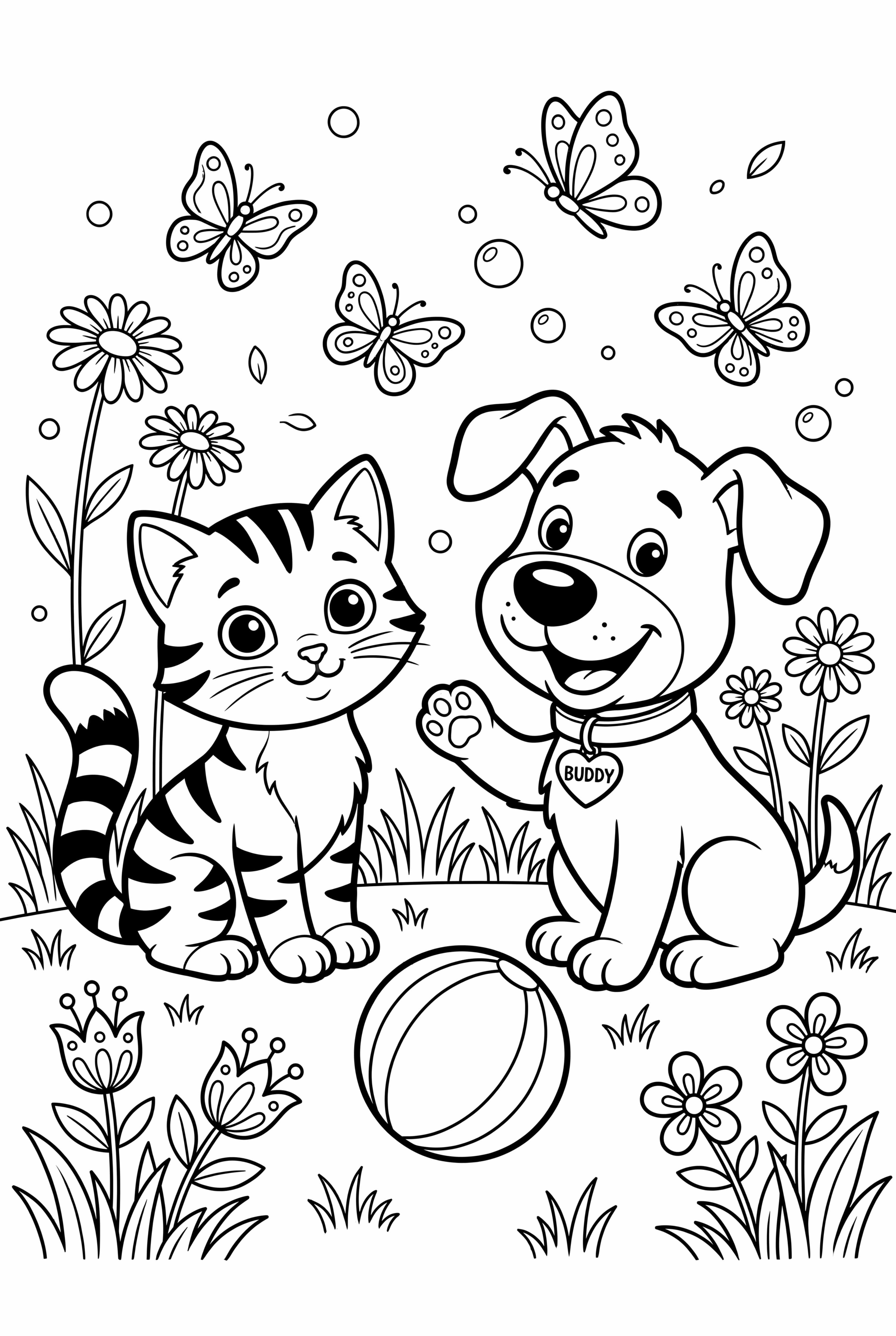 Uma cena de livro ilustrado com gatinhos e filhotes