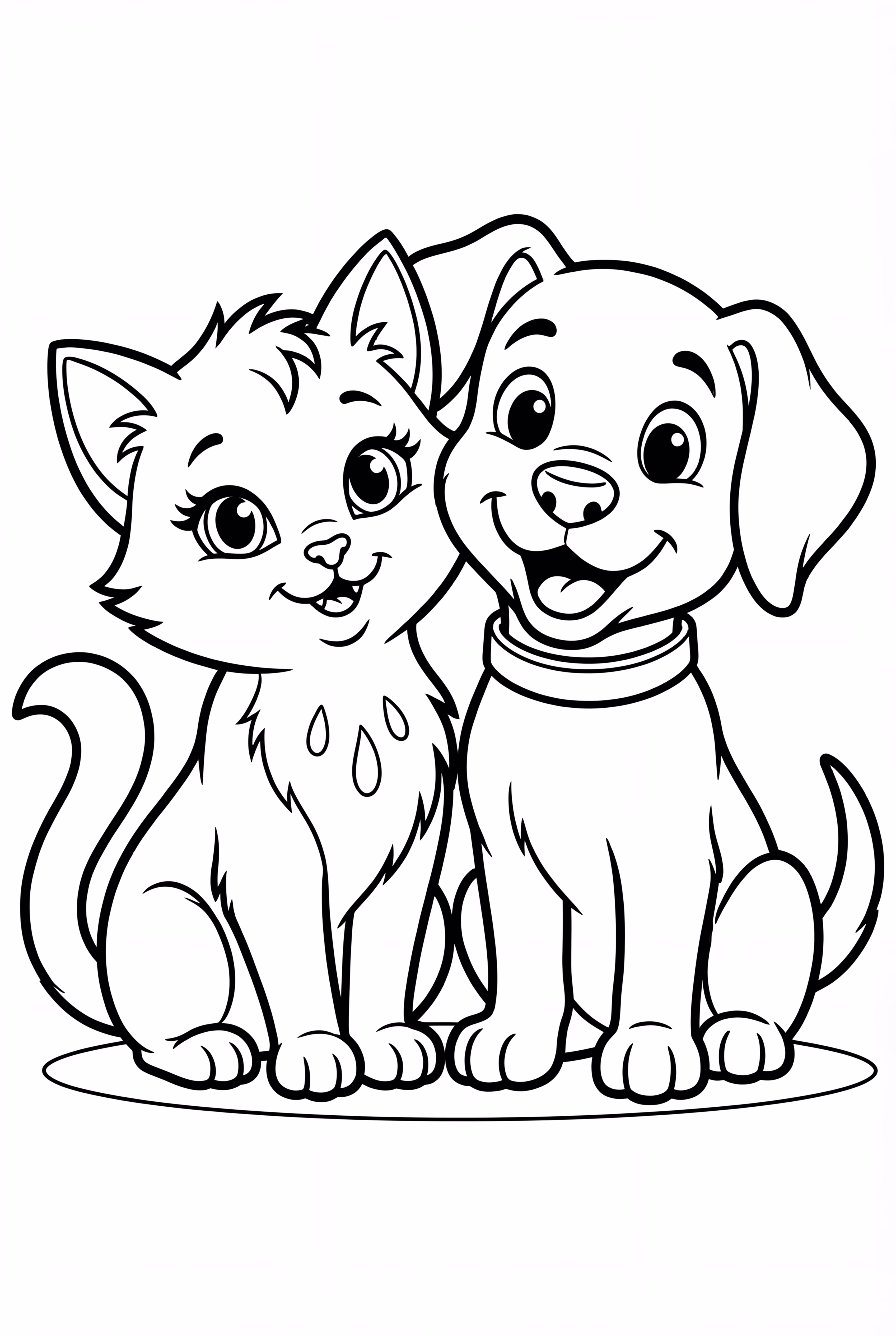 A storybook scene with kittens and puppies