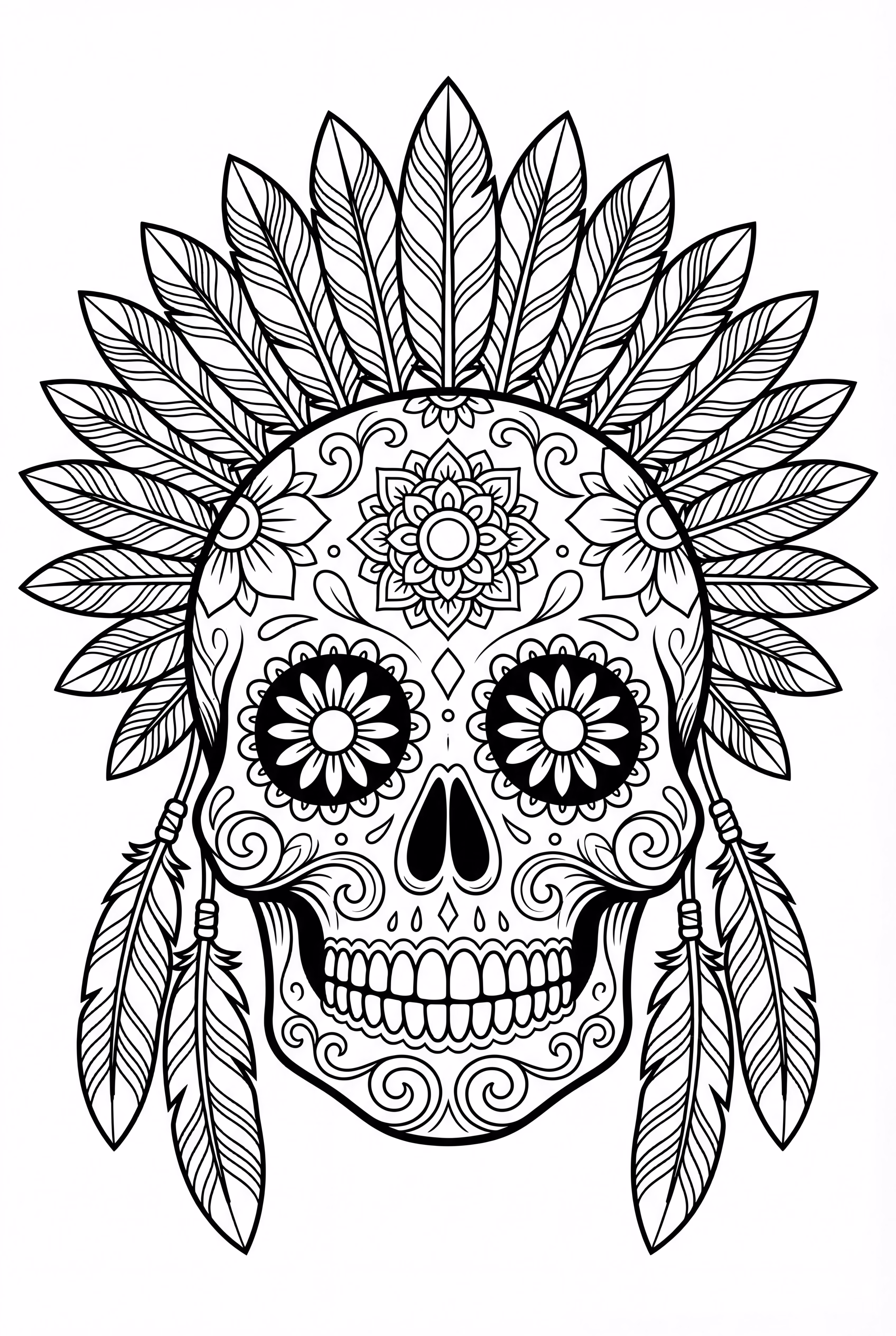 A sugar skull adorned with vibrant feathers