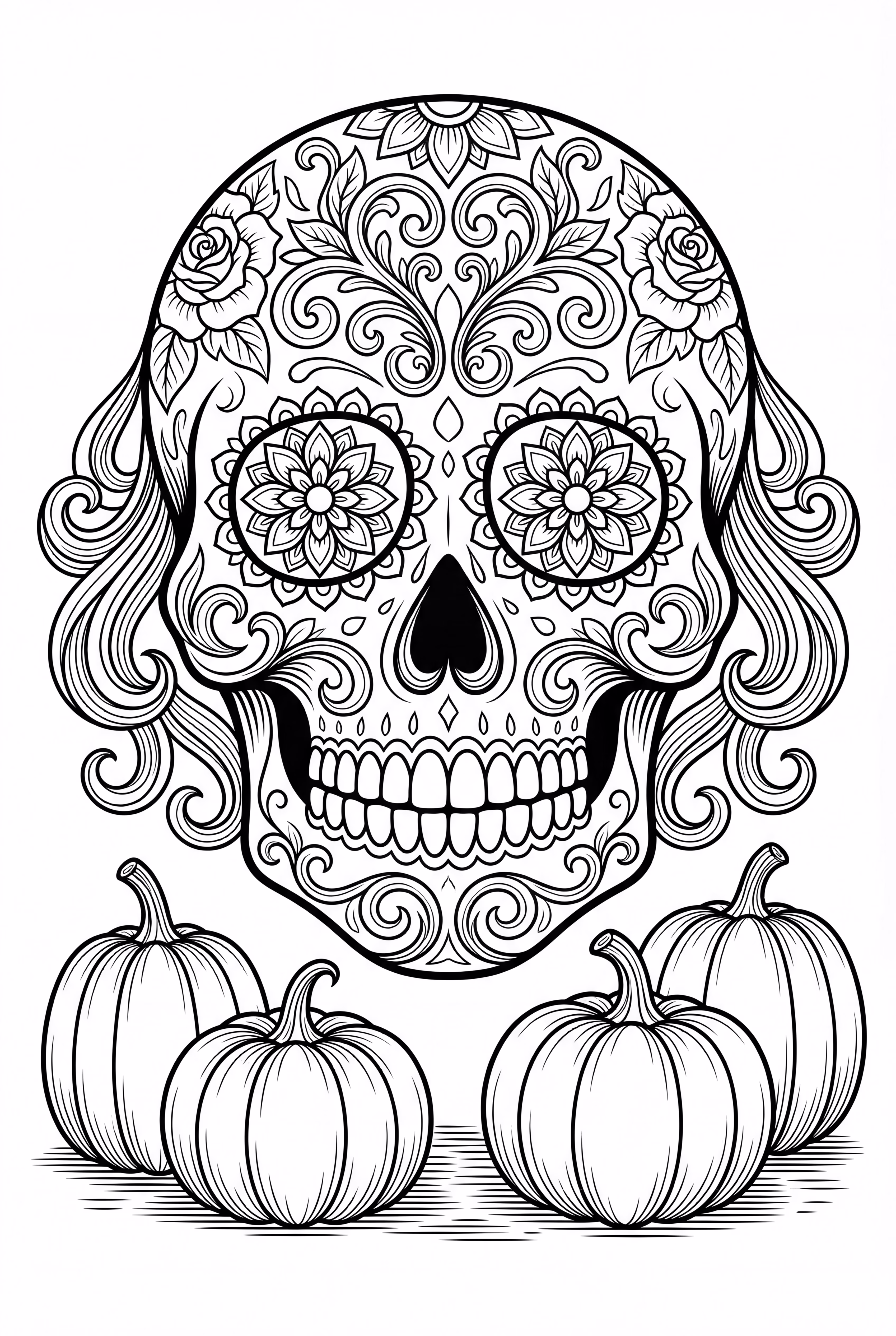 A sugar skull celebrating with colorful Halloween pumpkins