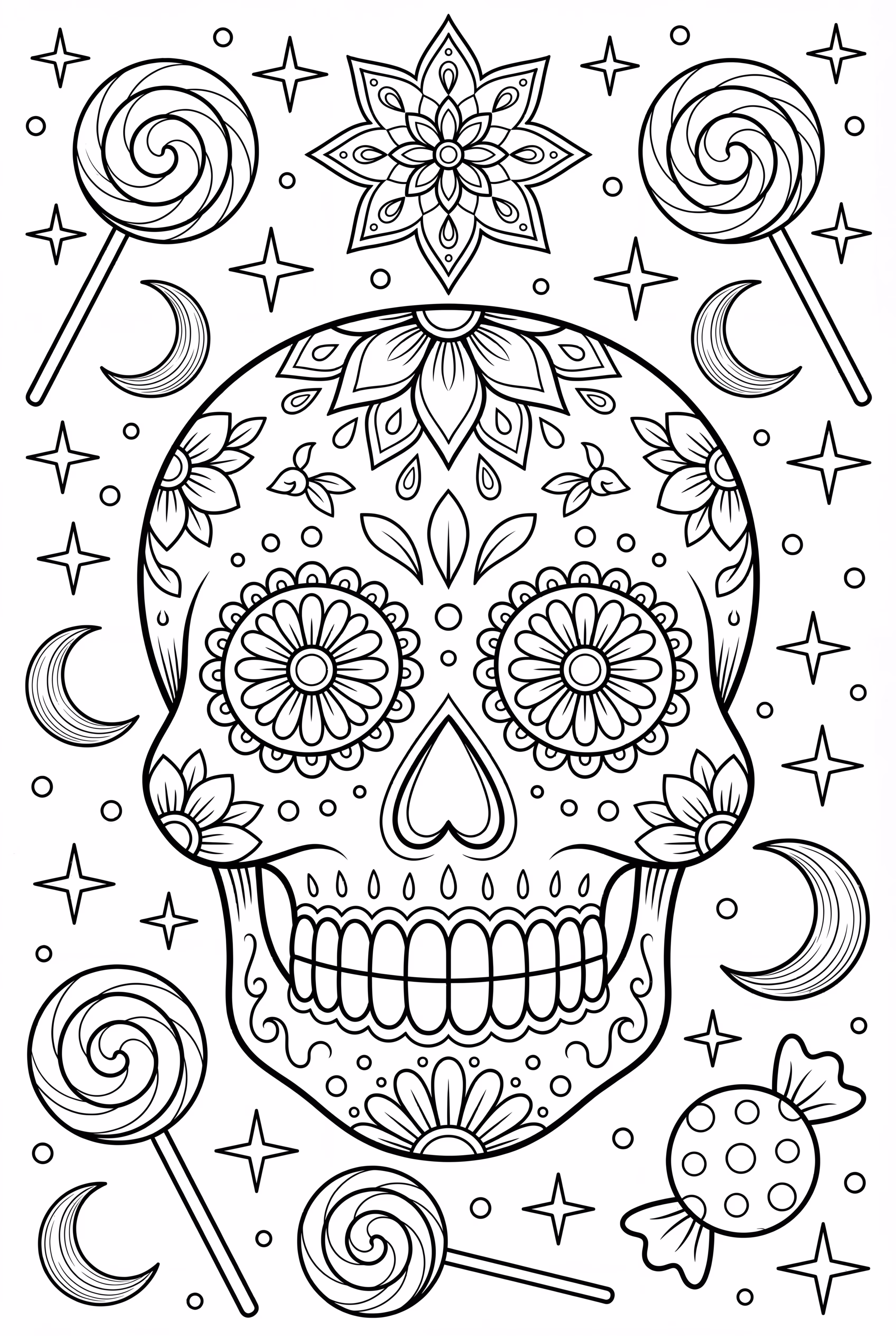 A sugar skull combined with candies,stars,and moons