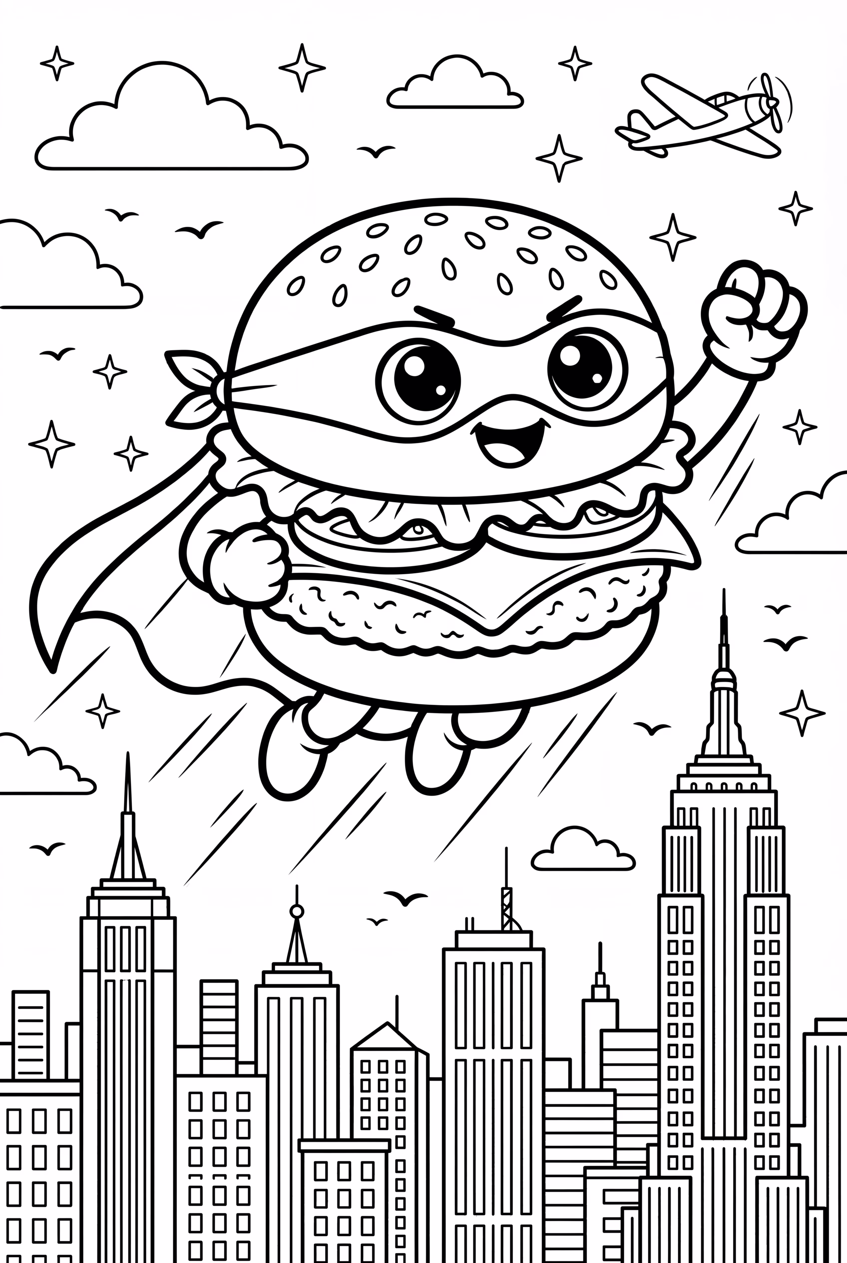 도시 위를 나는 슈퍼히어로 햄버거