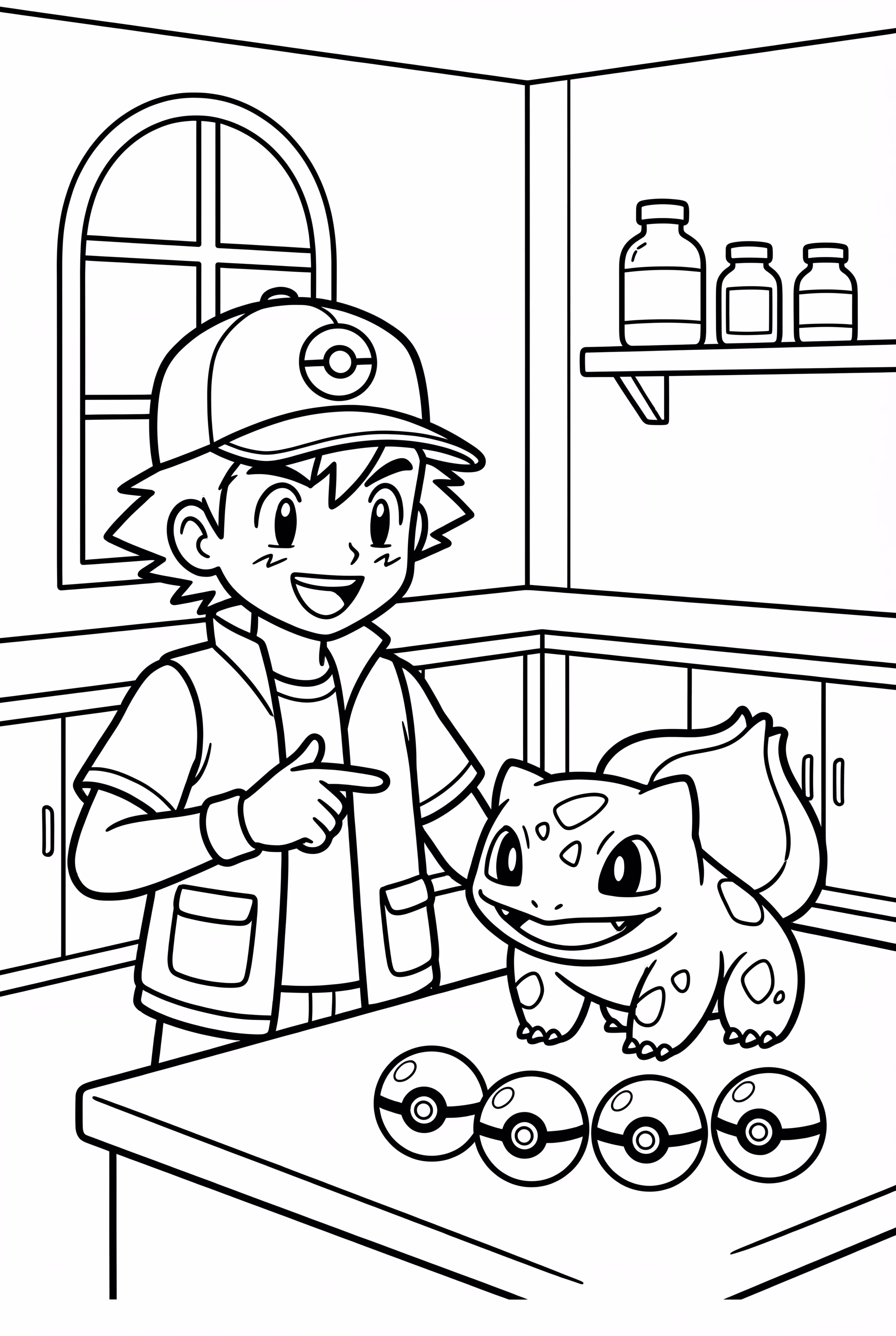 Ein Trainer wählt Bisasam im Labor aus