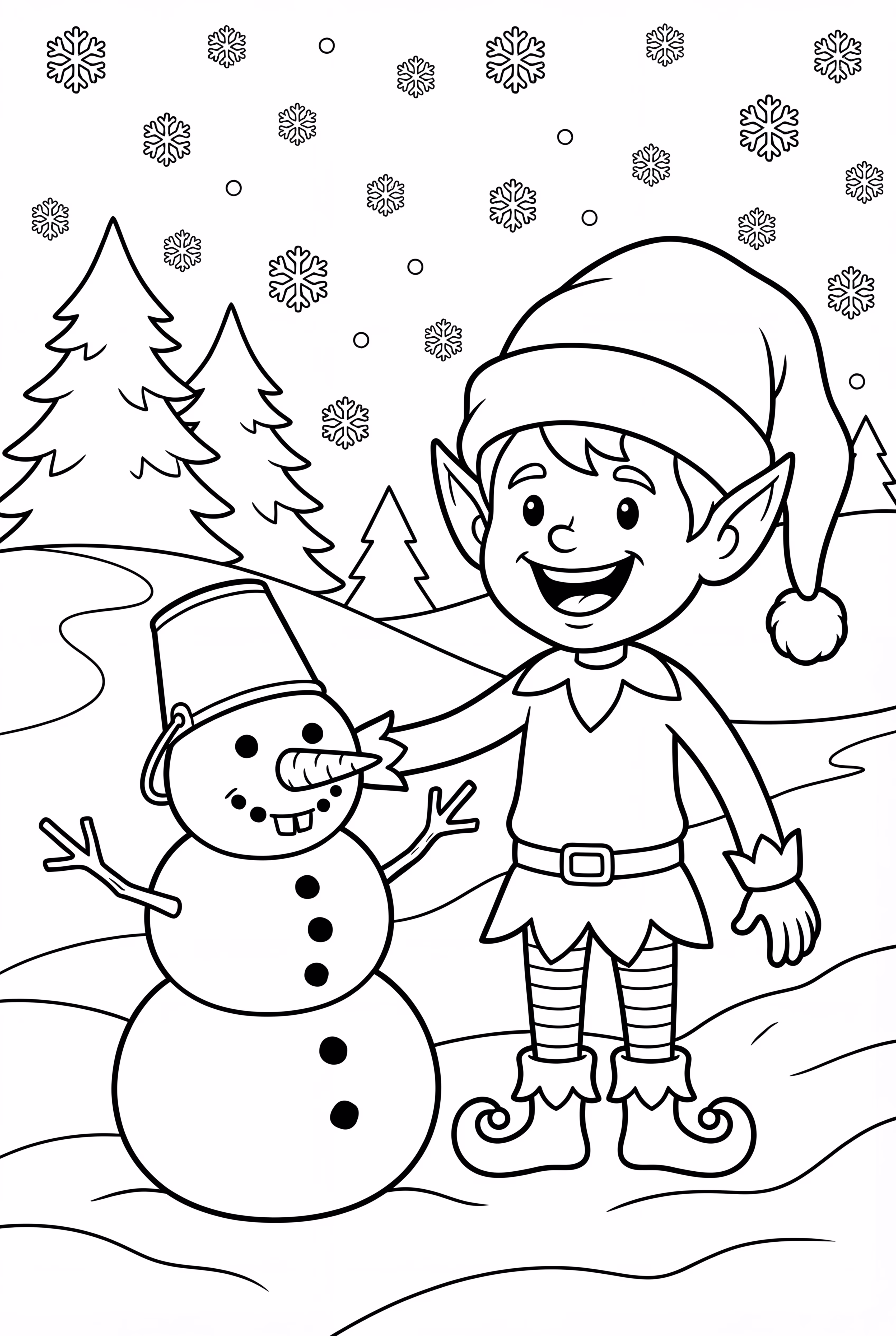 A Winter Elf Building a Snowman