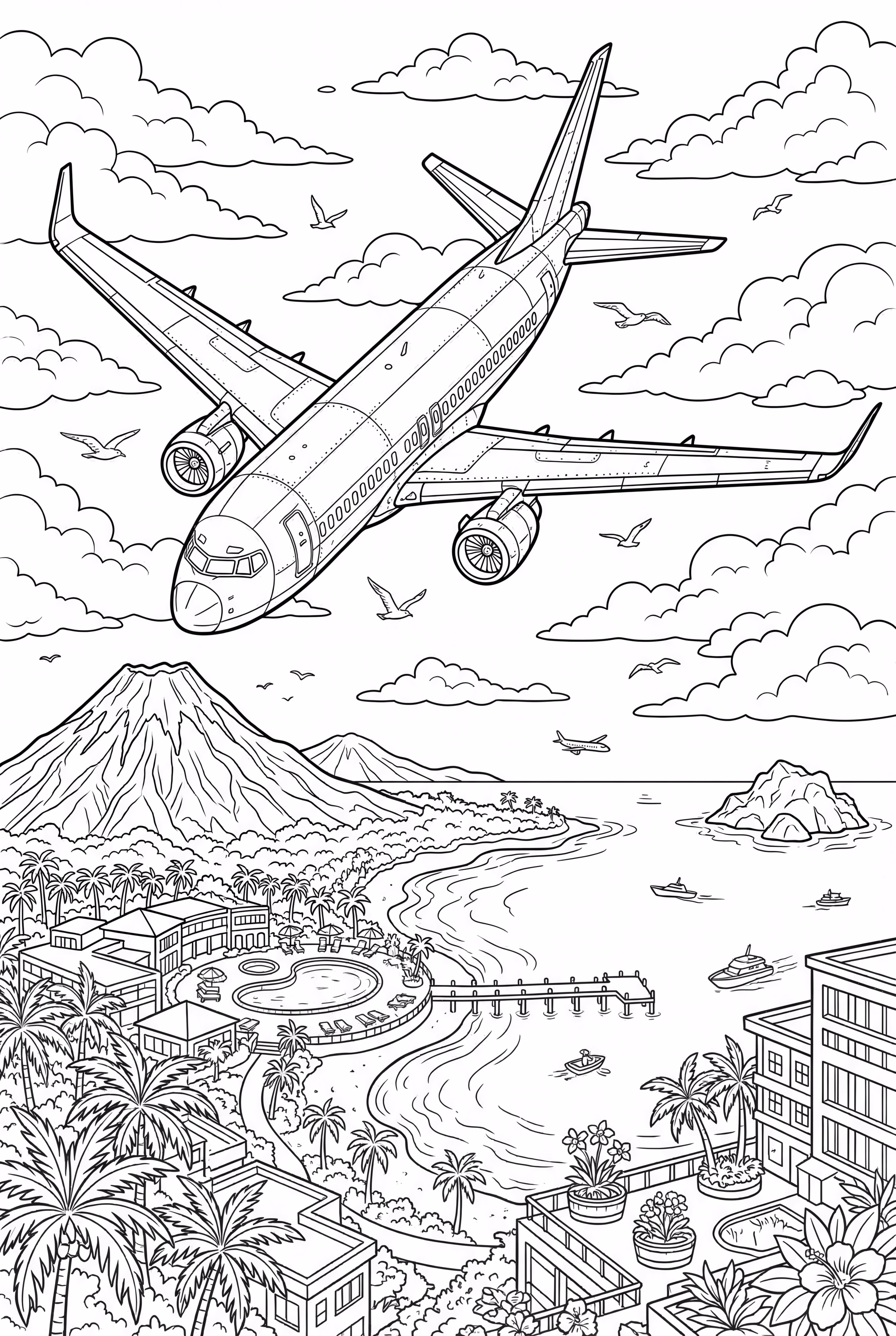 Avion volant au-dessus d'une île tropicale