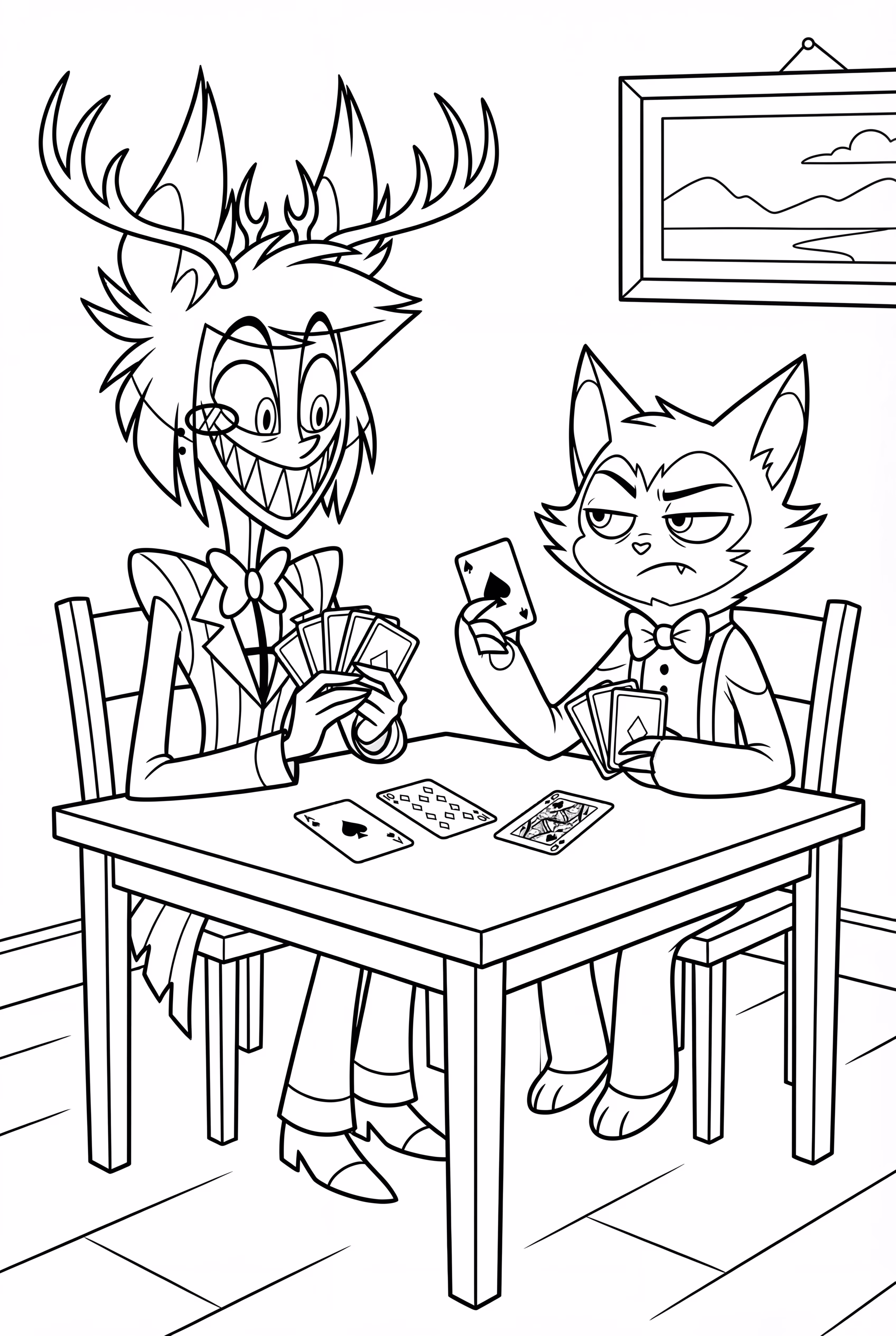 Alastor y Husk jugando a las cartas en el Hazbin Hotel