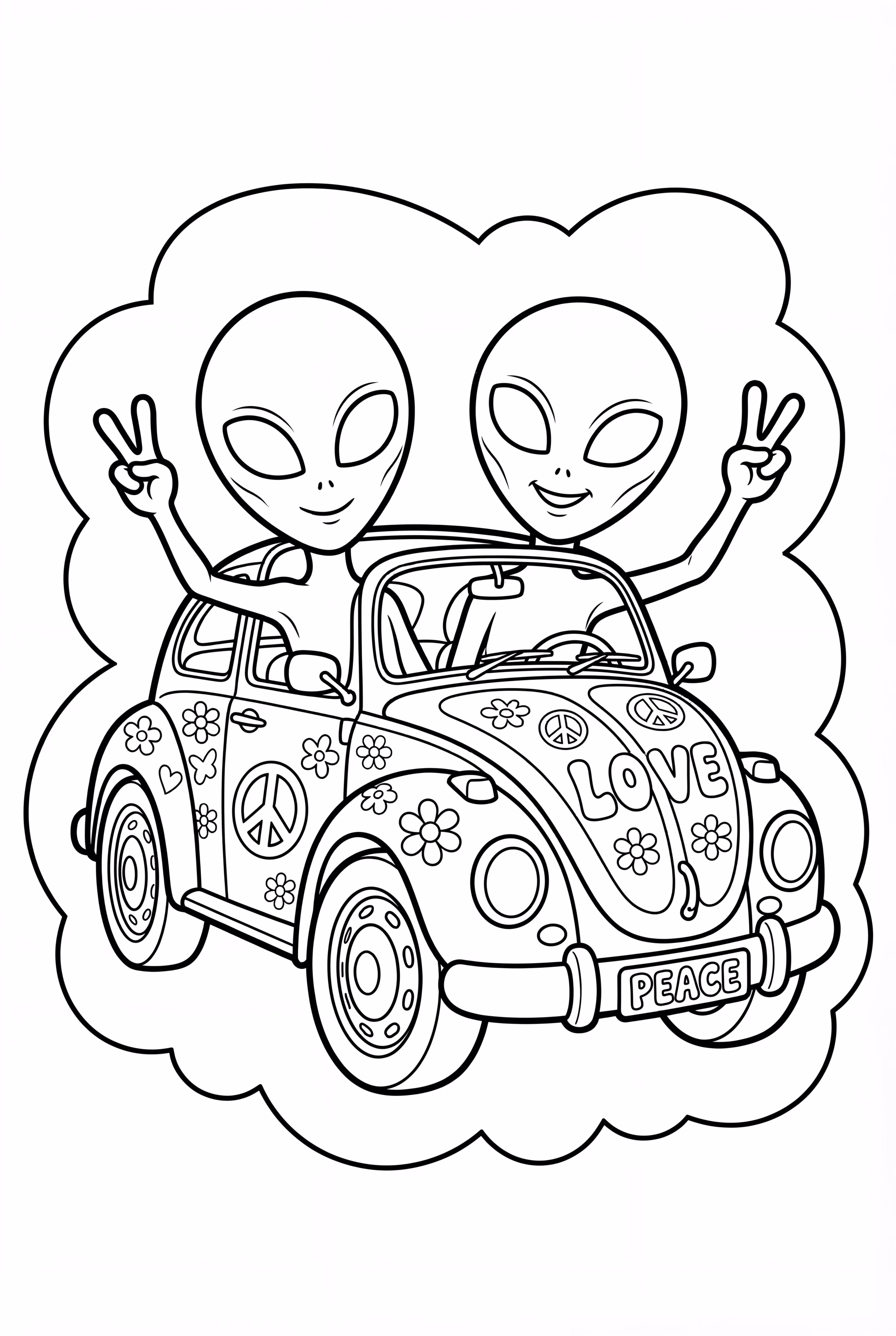 히피 문화 상징들로 꾸며진 자동차를 운전하는 외계인들