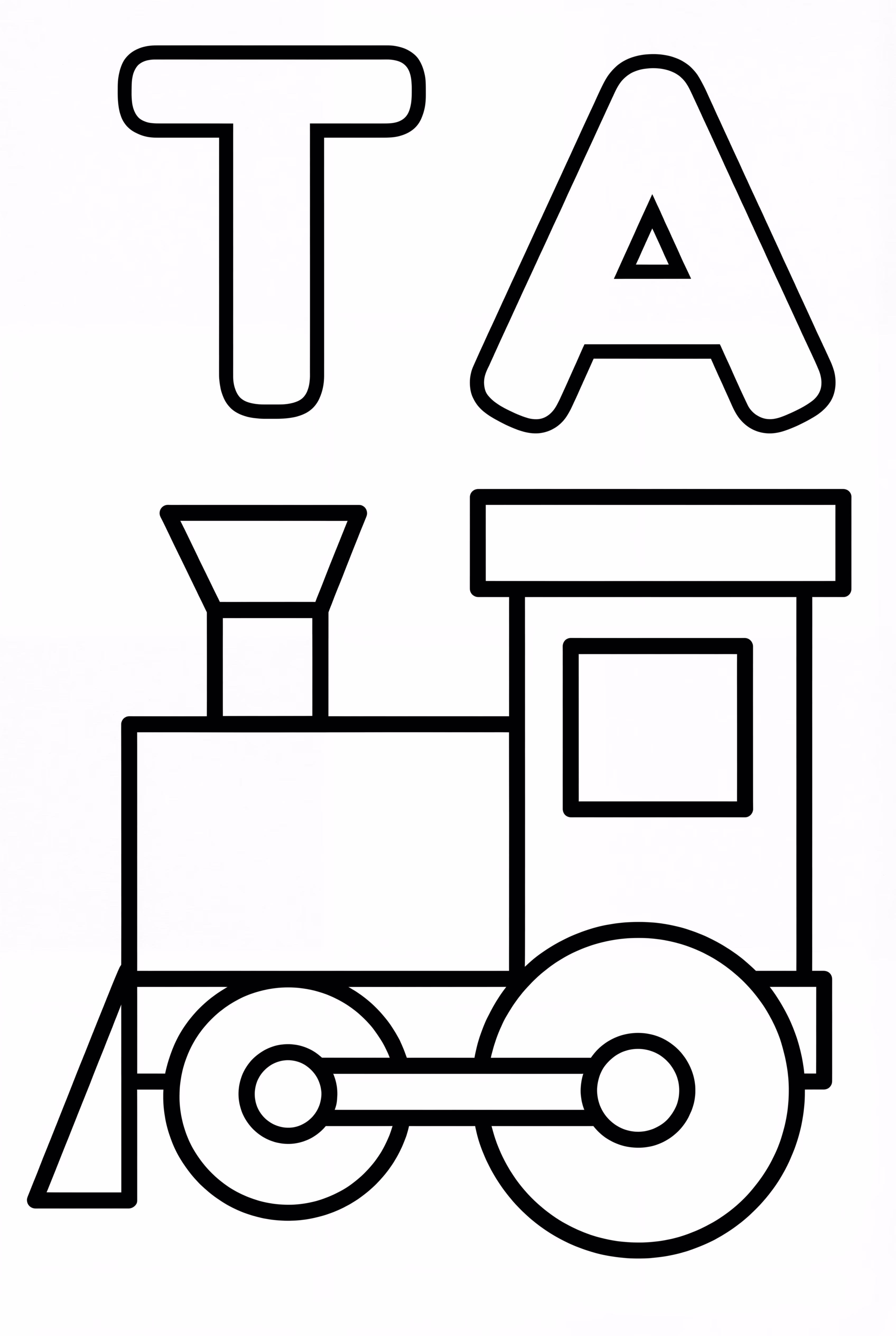 Alphabetbuchstaben T und A und eine Spielzeugeisenbahn