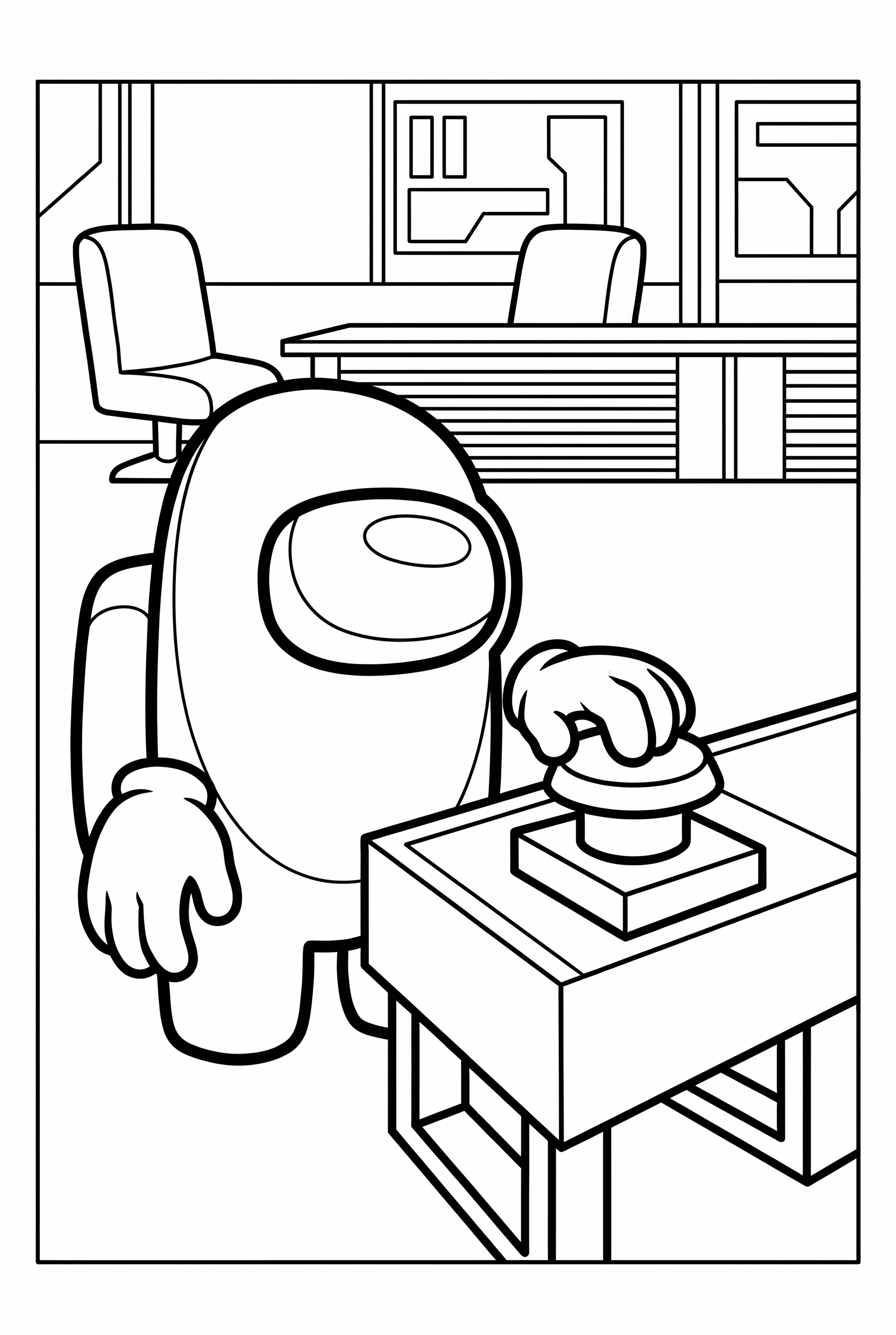 Personaje de Among Us presionando el botón de emergencia