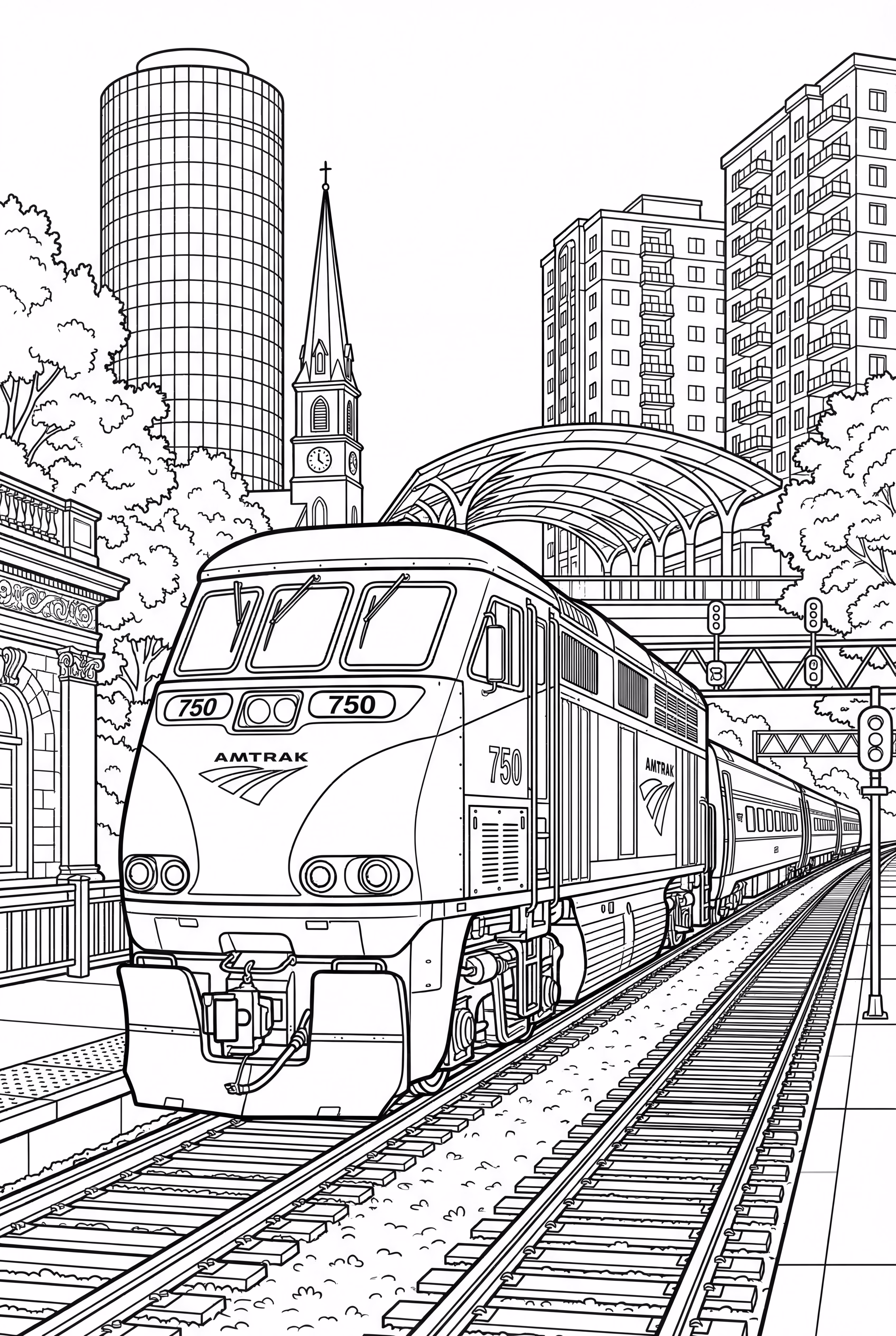 amtrak train passing through a city