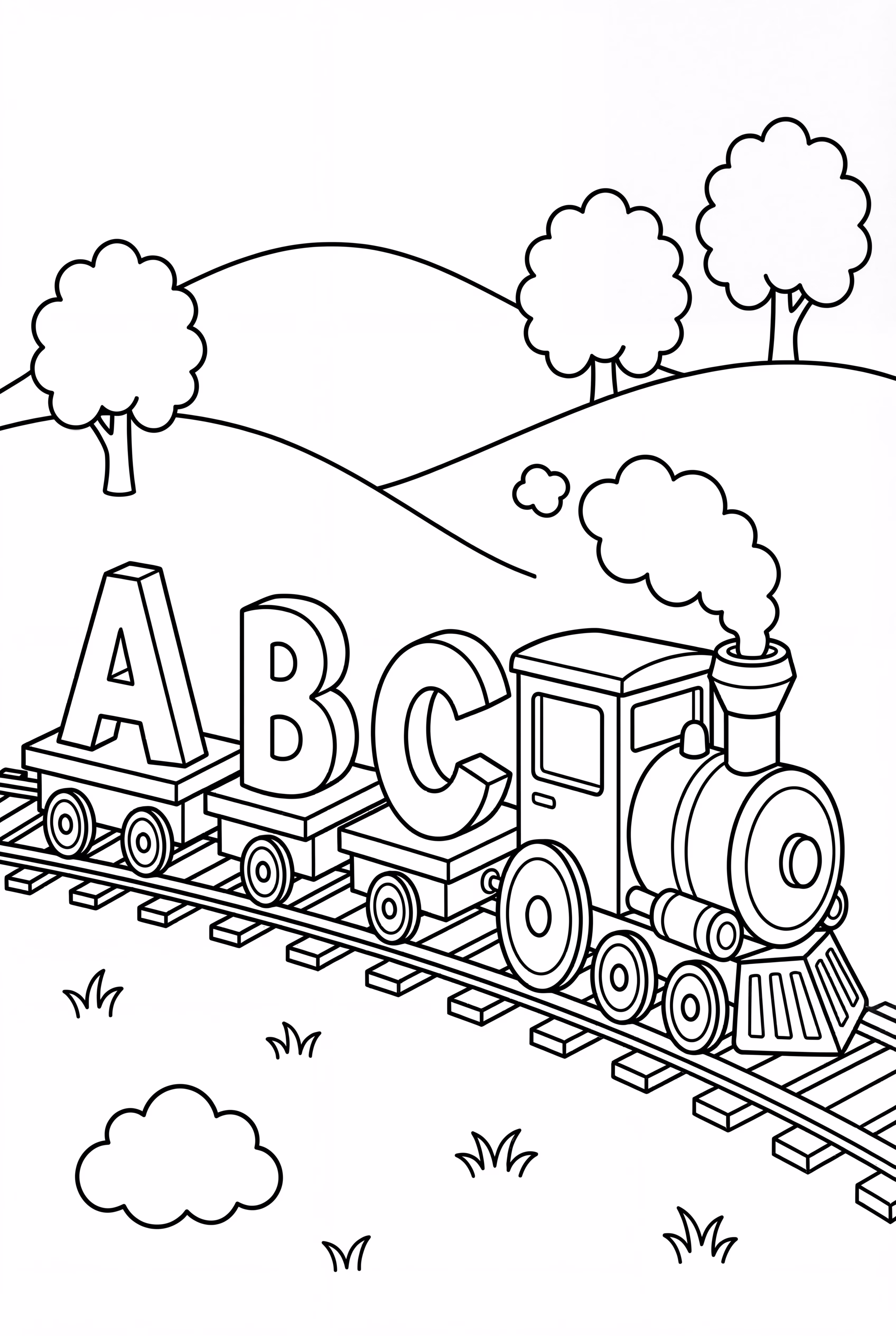 Ein Alphabet-Zug, der durch die Landschaft fährt