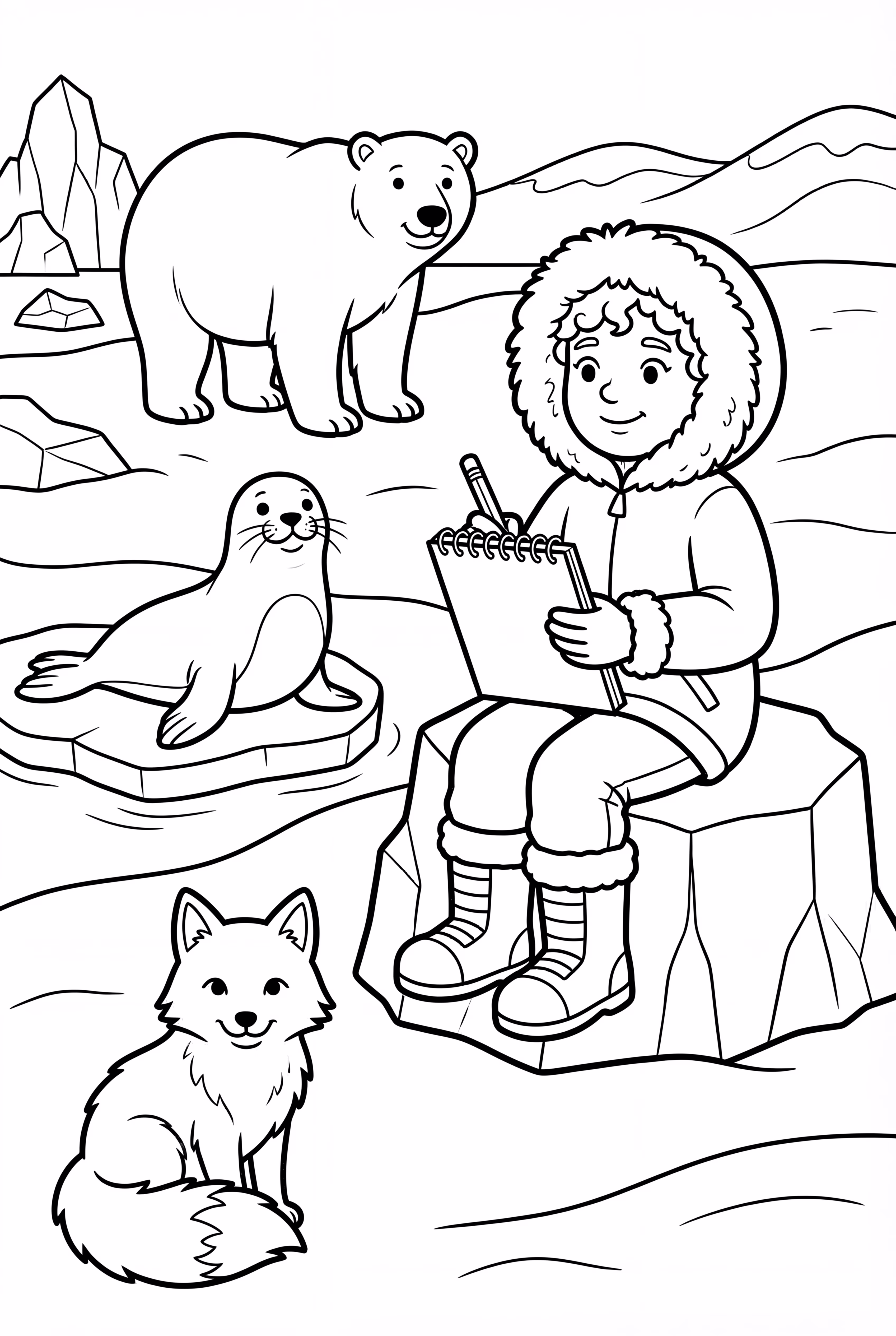 Um Explorador Esboçando os Animais do Ártico