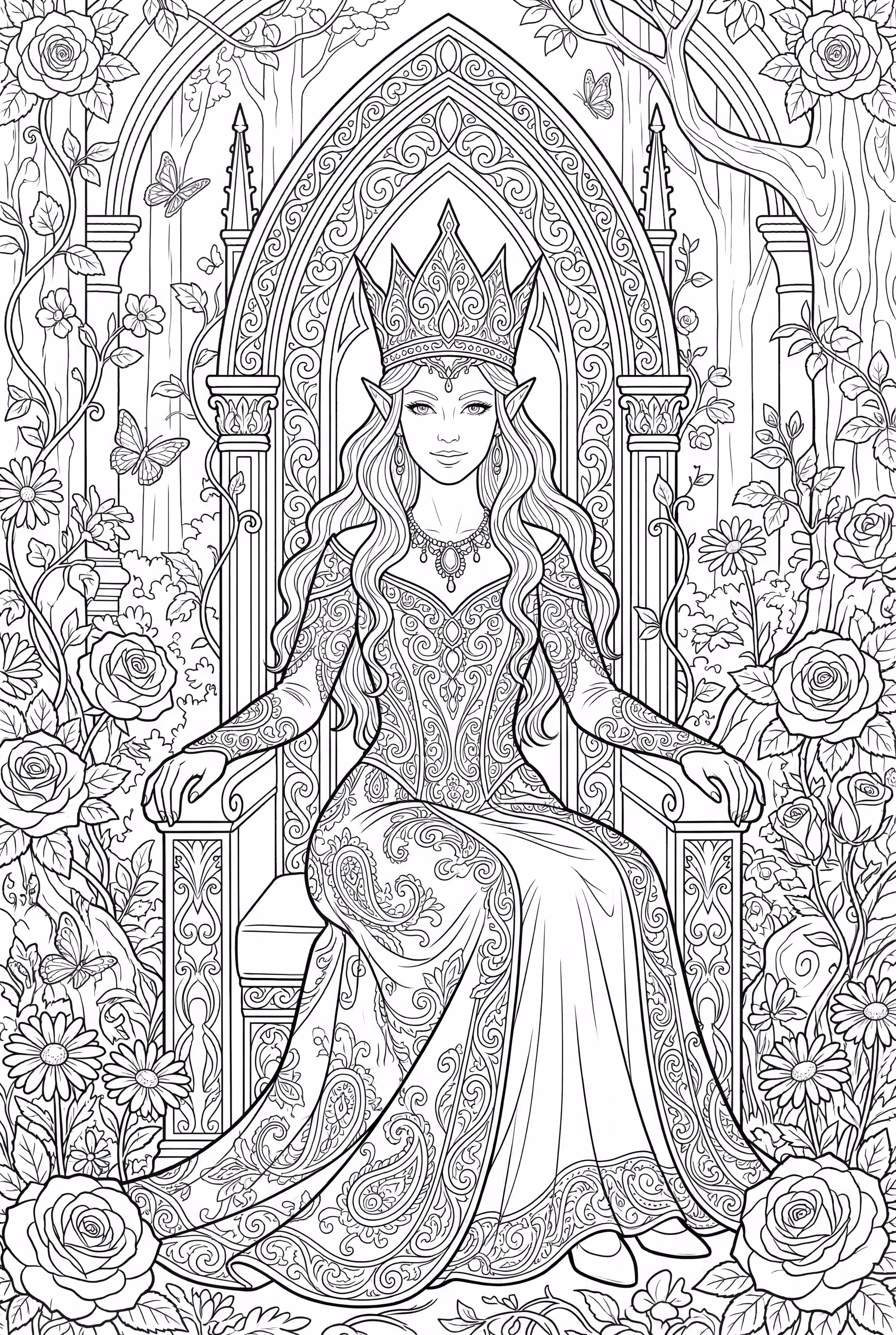 Une reine elfe complexe sur son trône