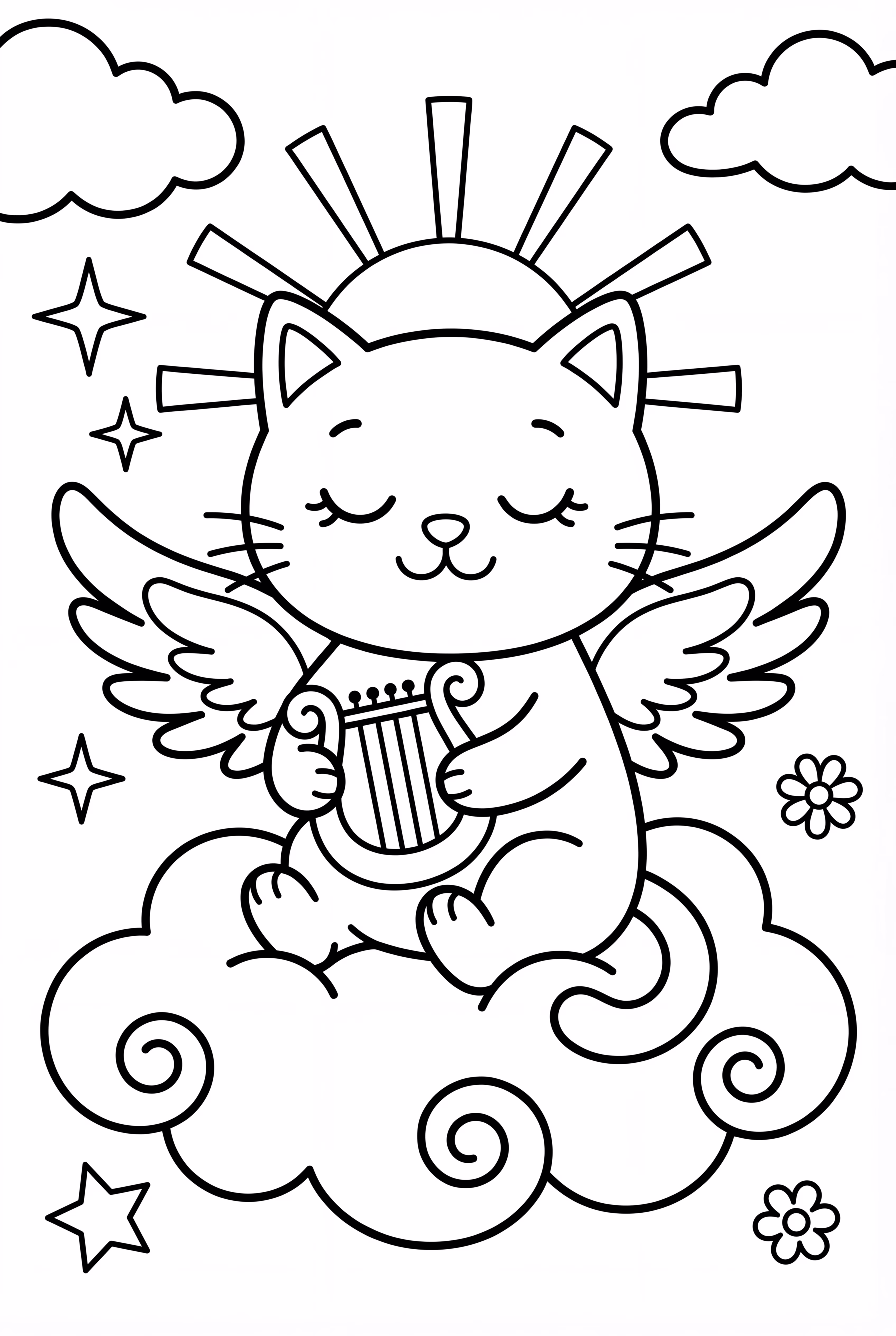 Angel Cat Playing Harp On Cloud