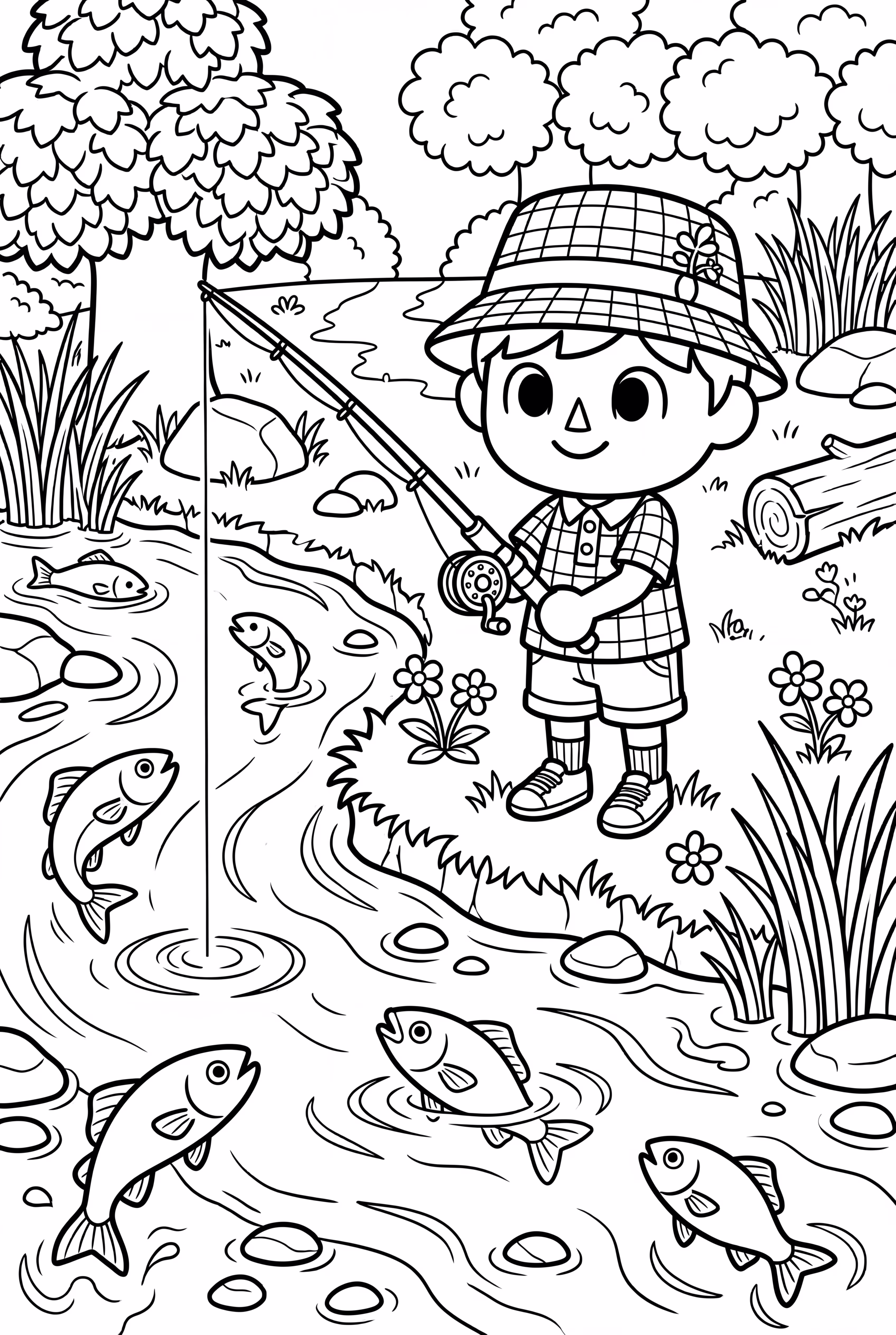 川辺で釣りをするどうぶつの森のキャラクター