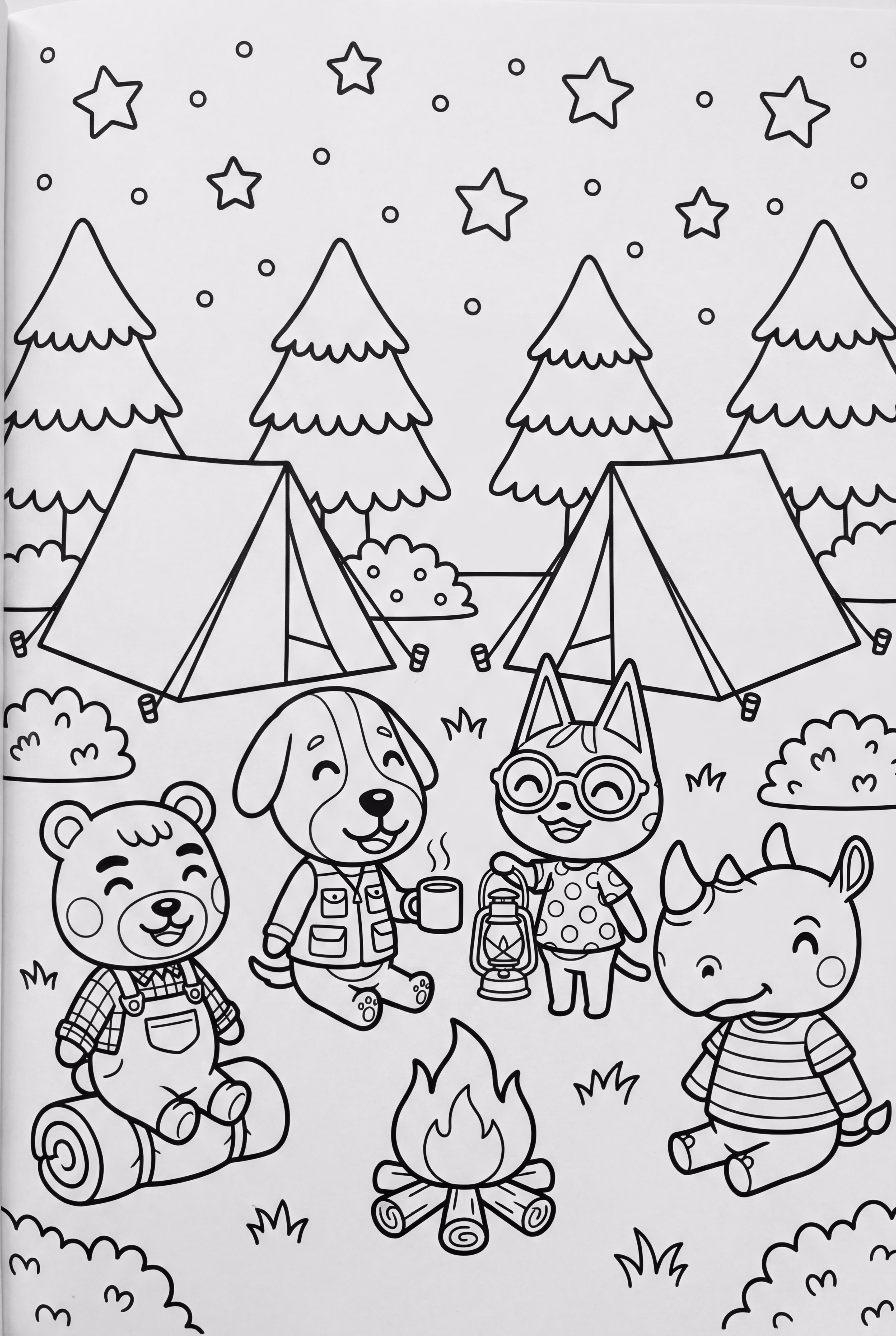 星空の下でキャンプするどうぶつの森のキャラクターたち