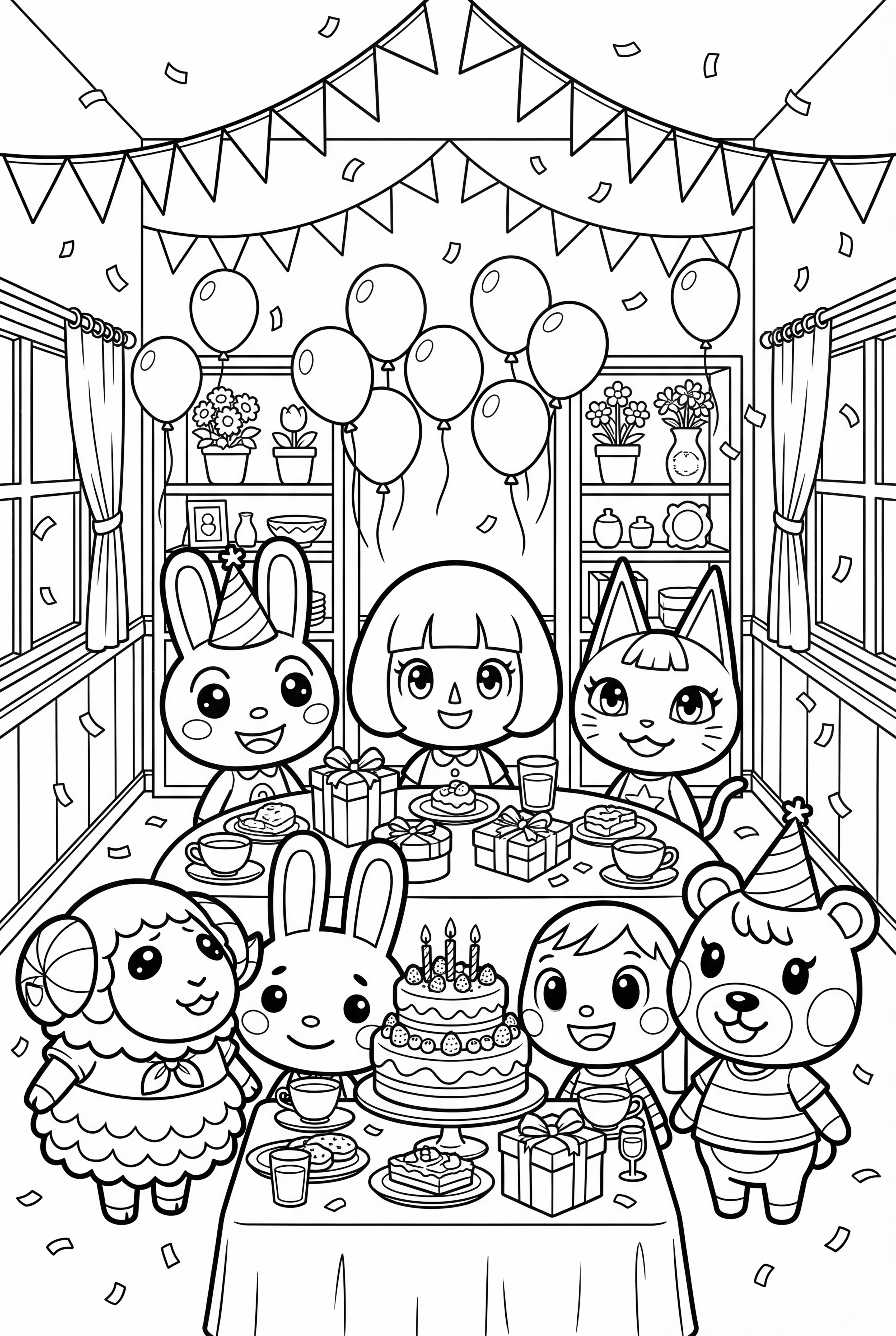 テーブルを囲むどうぶつの森の住民たち