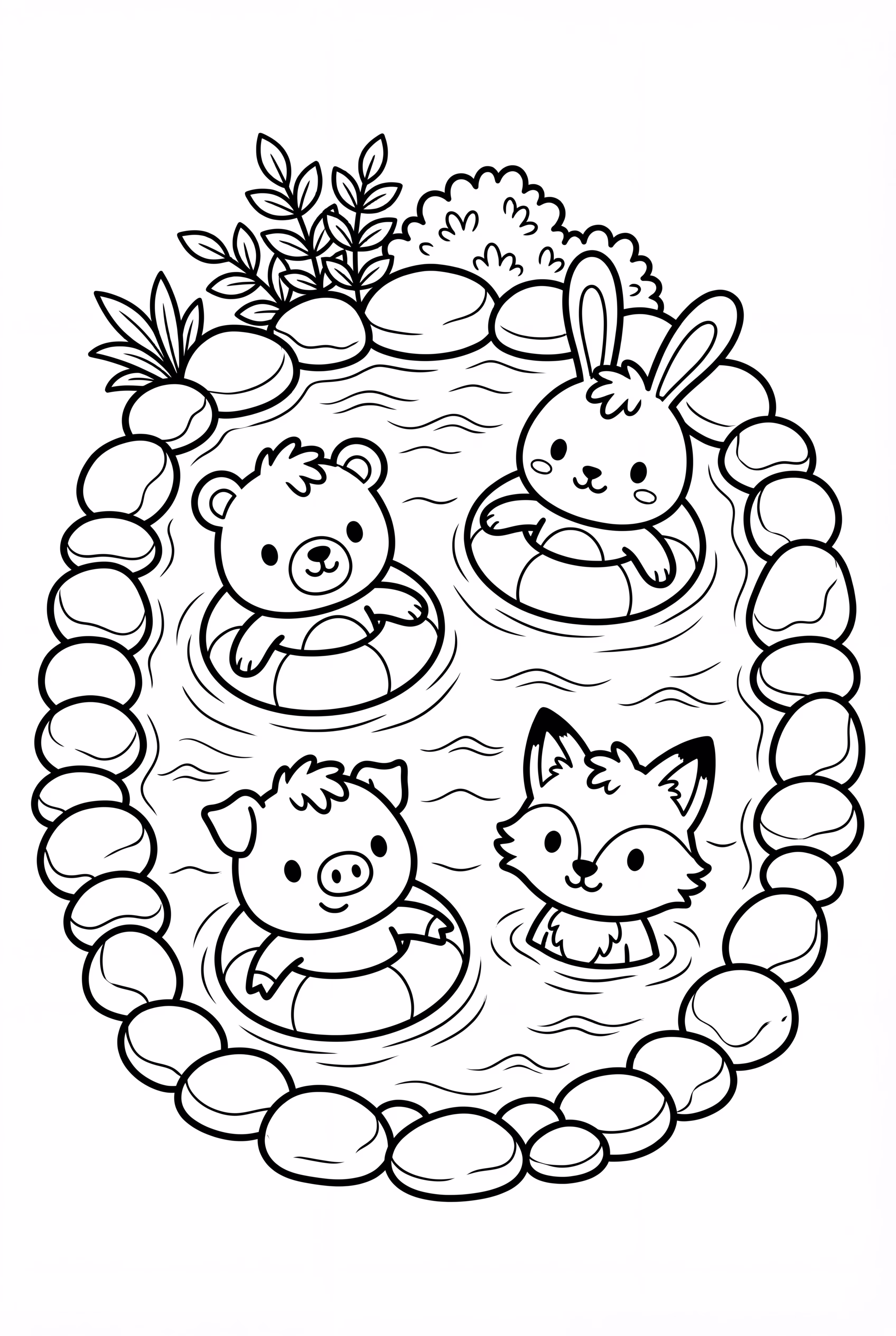 Animal friends soaking in hot springs together