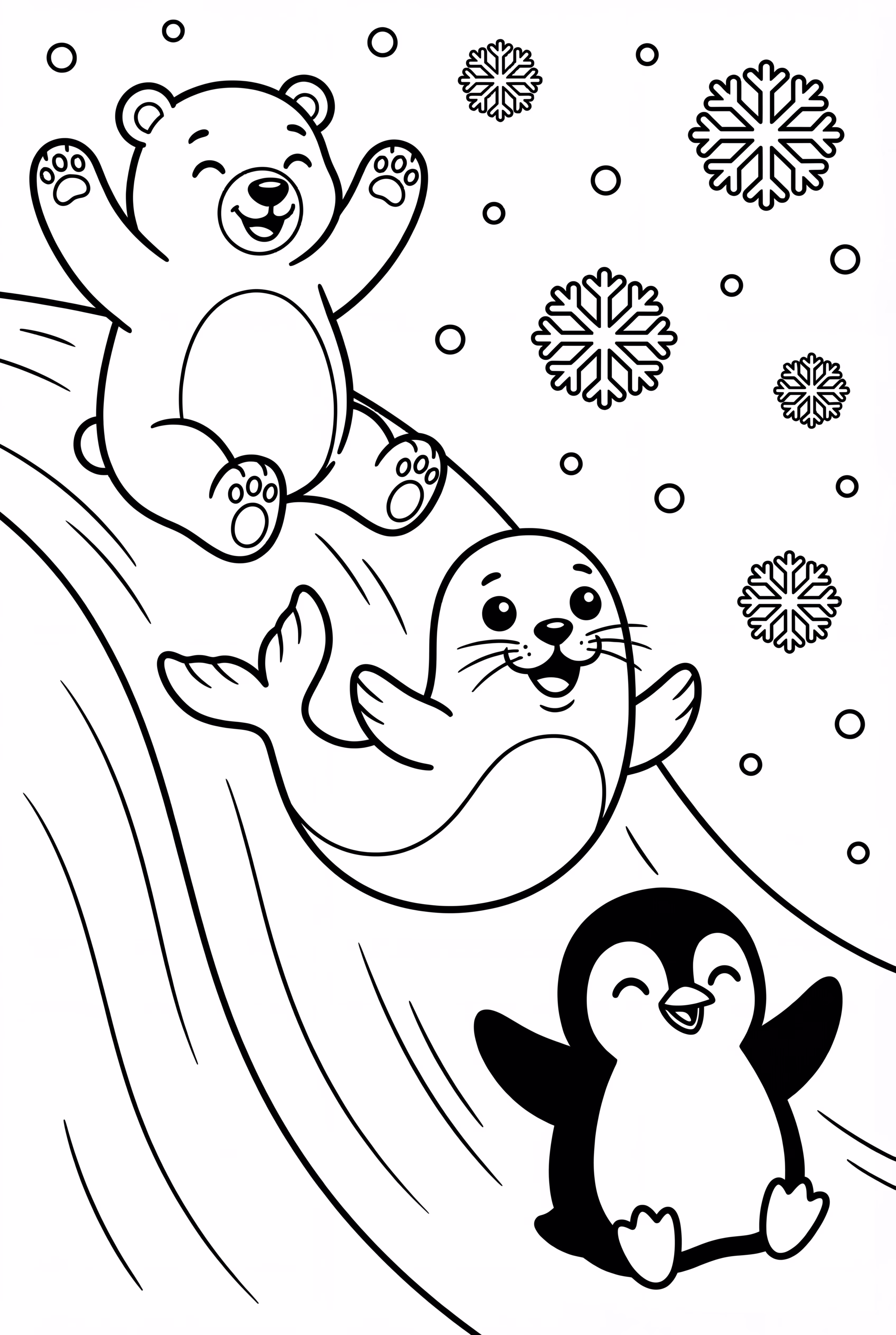 Arctic Animals Sliding Down a Snowy Hill