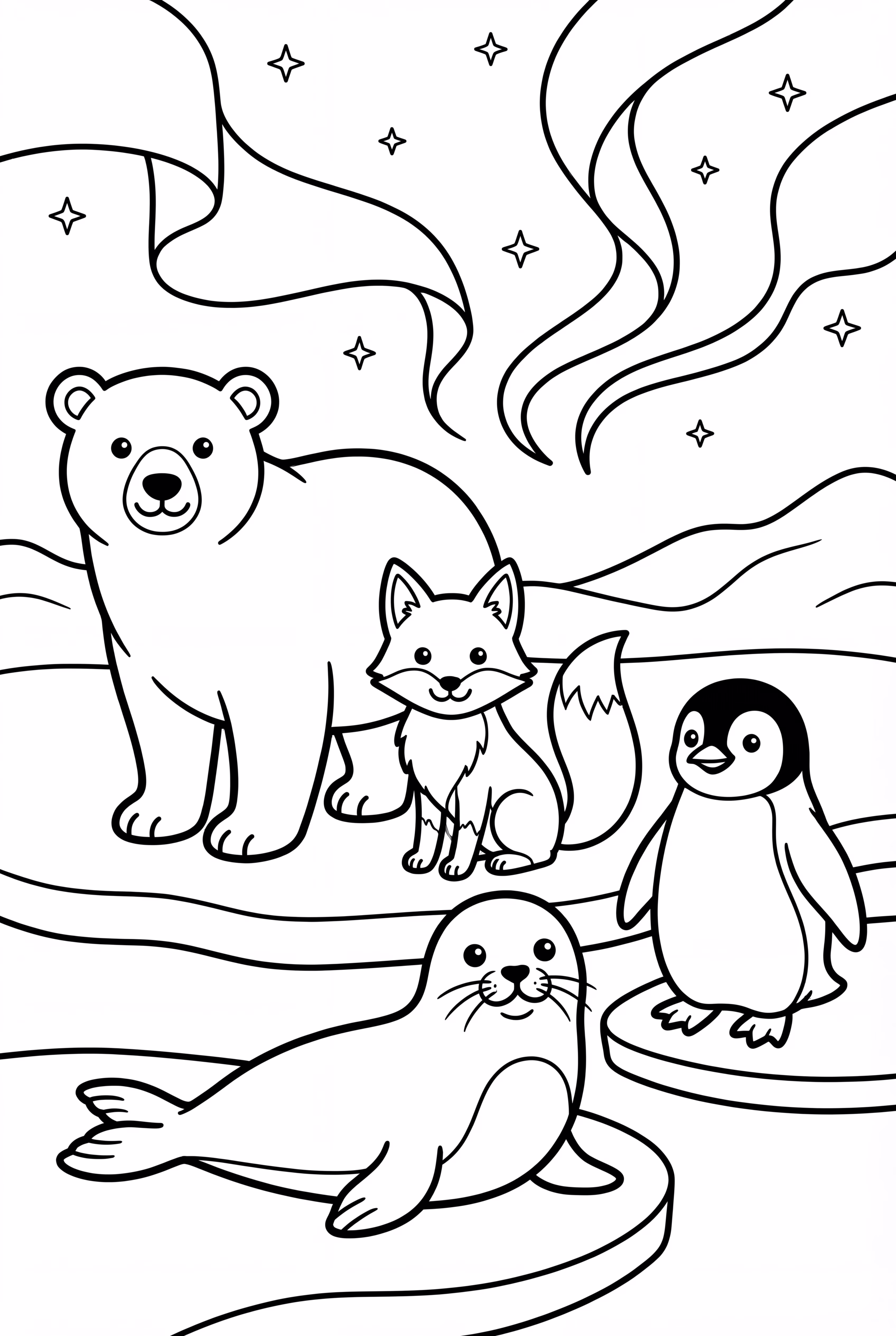 Animales del Ártico bajo las detalladas Luces del Norte